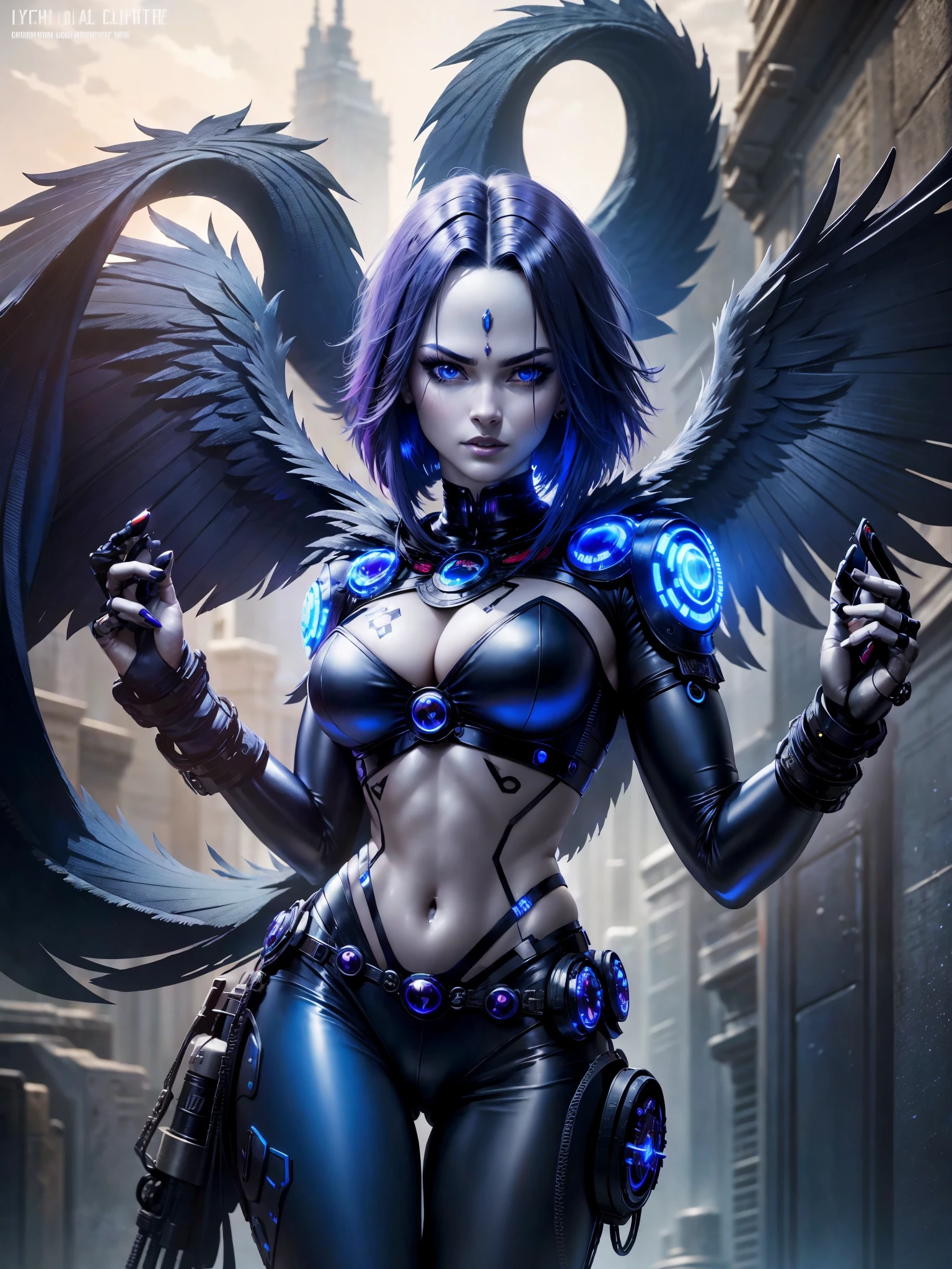 cyborg raven maiden, beautiful blue eyes, raven but with a cyberpunk twist, technopole, intricate, hyperdetailed