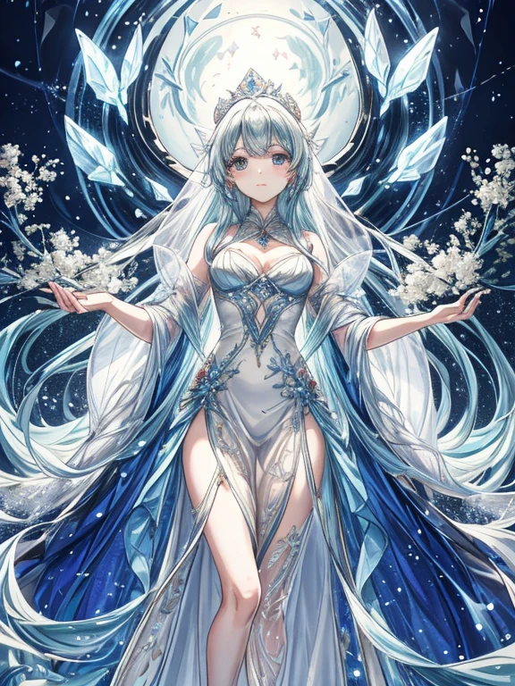 Paradise in Heaven, White lighting,(muste piece), (best quality), (cinematic), 8K, (art station), Li Yue painting style.(長いwhite hairとSilvery eyesを持つ1人の女), (beautiful delicate face)、[ Particle Lou Full Moon] [Frozen trees々] [landscape crystal] [great writing] [Ethereal Atmosphere]:1.1] [fantasy, short story] [soft great writing] [+cinematic shot]:1.2 [+art station] [+luminous white background] [+soft great writing] [soft glow] [Creative and dynamic angles]:1.3, [+Crystal Toning] 、muste piece, very detailed, Super detailed, solo, (pale skin), Silvery eyes, white hair, (snow background), (snowflake rosen flower:1.0), (shining crystal),, (Snowy ground), (White lashes), sexy woman、dreamy and detailed, Gorgeous setting, 妖しい雰囲気 muste piece, The most beautiful scenes, majestic、(((full of white flowers)))、quiet and serene atmosphere、attractive, all white tones,Inside the crystal library,Transparent flowers and falling snow，Many white roses are planted,(water flowing,waterfall,water bloom),The decoration is also carefully done.,dream（very detailedです，creative design，crisp and precise lines，K HD，best quality，T Masterpiece，超High resolution，In 4K）、Diverse poses、((beautiful white flower hair ornament))、beautiful hairstyle、(best quality, In 4K, 8K, High resolution, muste piece:1.2), Super detailed, detailed expression, graceful posture, expressive brush strokes, mysterious atmosphere, artistic interpretation,Delicate floral jewelry， (((Detailed design、Beautiful lace translucent dress、see-through small dress)))、(SFW:1.5), (oversized breasts, best body proportions, proportions of large breasts,:1.5),(white decoration on thigh)、((Beautiful crystal accessories on the legs))。((Beautiful crystal accessories on the arm))