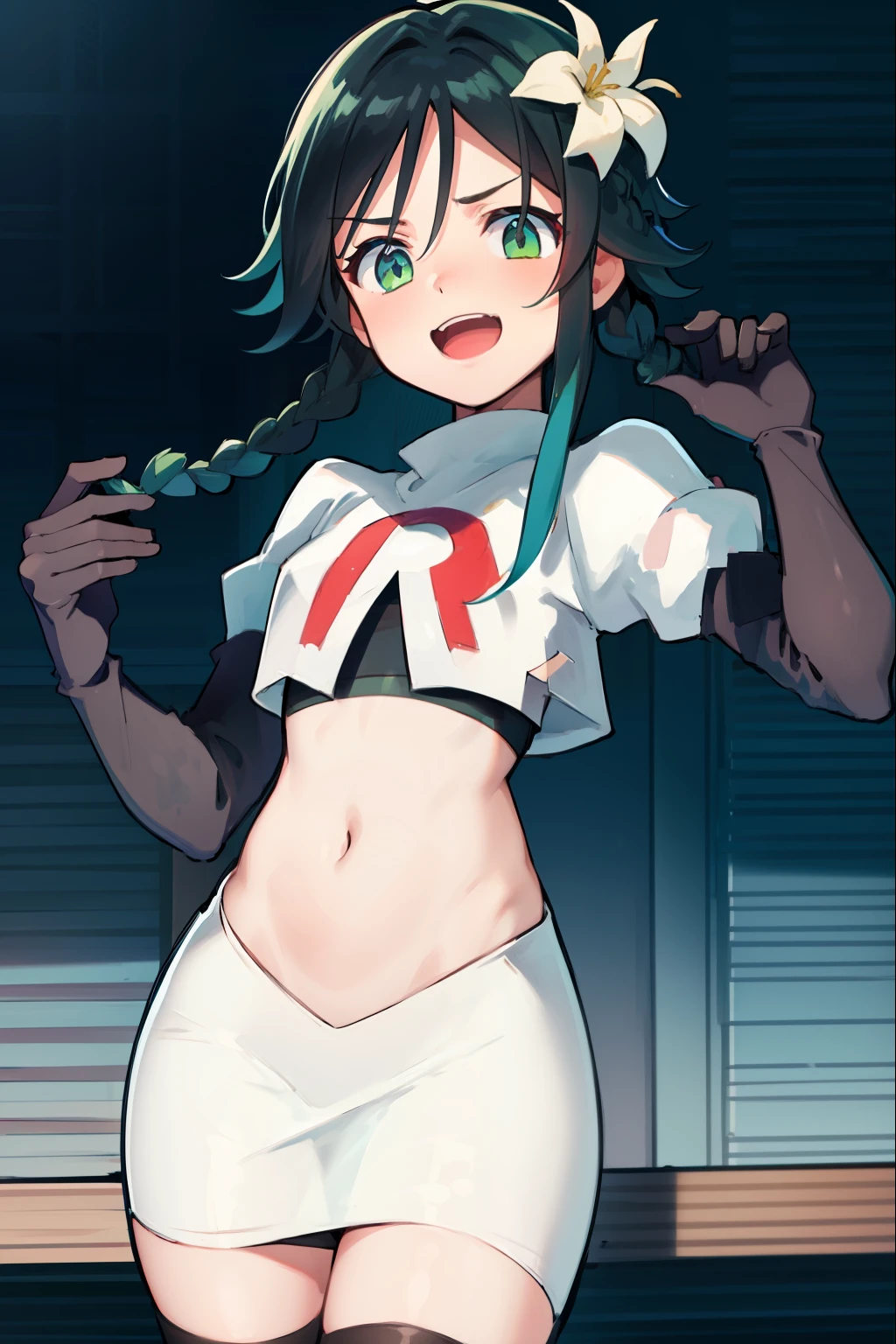 absurdres,venti,1boy, male focus, trap,black hair, green-blue hair, hair braid,hair flower,aqua green eyes,crossdressing,1boy,team rocket,team rocket uniform,white skirt,red letter R,crop top,black thigh-highs,black elbow gloves, laughing, happy, blush
