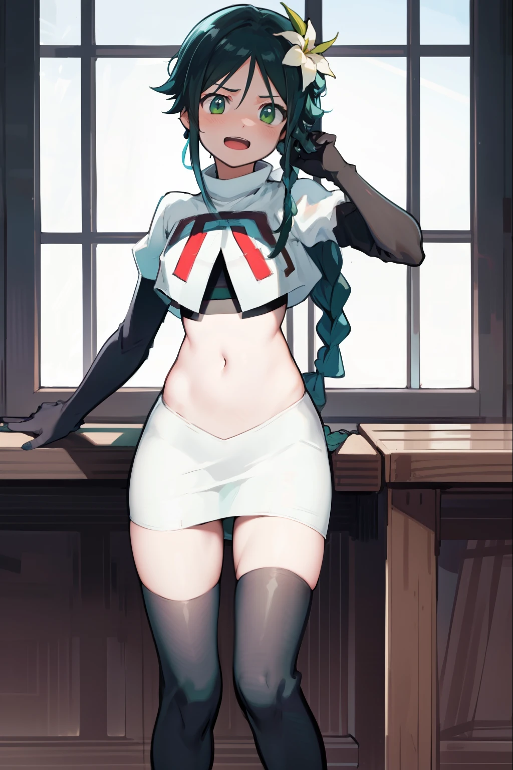absurdres,venti,1boy, male focus, trap,black hair, green-blue hair, hair braid,hair flower,aqua green eyes,crossdressing,1boy,team rocket,team rocket uniform,white skirt,red letter R,crop top,black thigh-highs,black elbow gloves, laughing, happy, blush