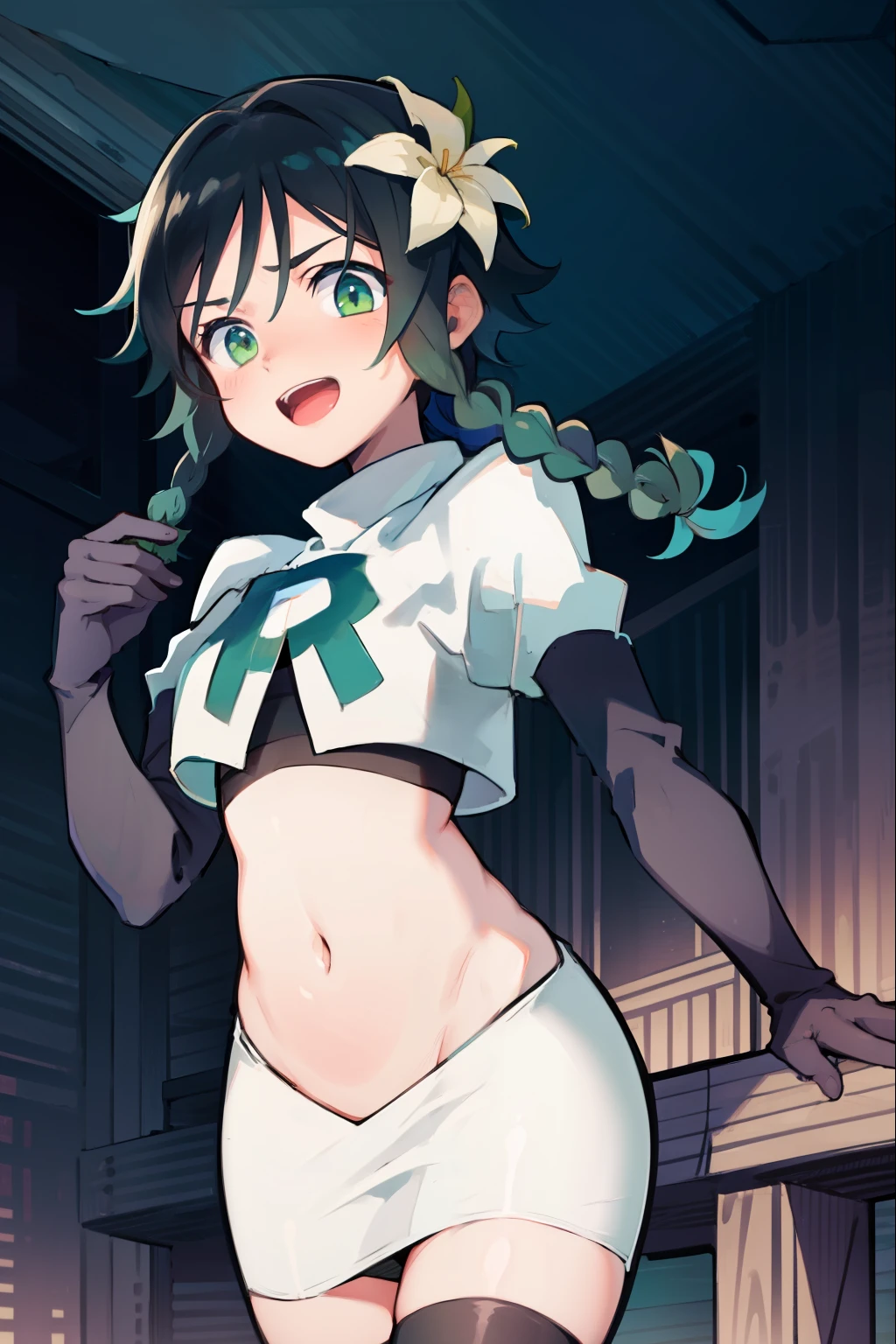 absurdres,venti,1boy, male focus, trap,black hair, green hair, hair braid,aqua green eyes,crossdressing,1boy,team rocket,team rocket uniform,white skirt,red letter R,crop top,black thigh-high boots,black elbow gloves,