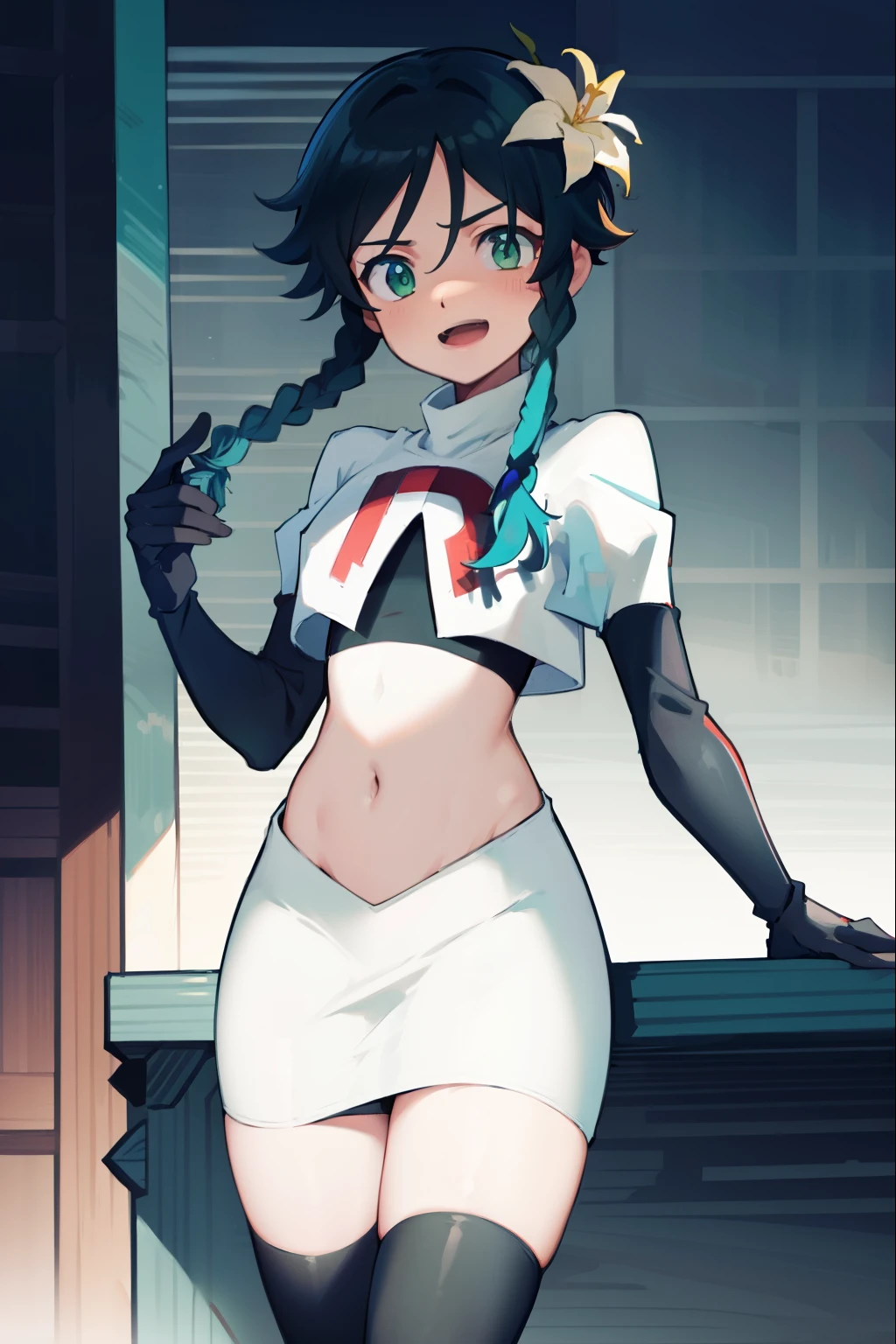 absurdres,venti,1boy, male focus, trap,black hair, green-blue hair, hair braid,hair flower,aqua green eyes,crossdressing,1boy,team rocket,team rocket uniform,white skirt,red letter R,crop top,black thigh-highs,black elbow gloves, laughing, happy, blush
