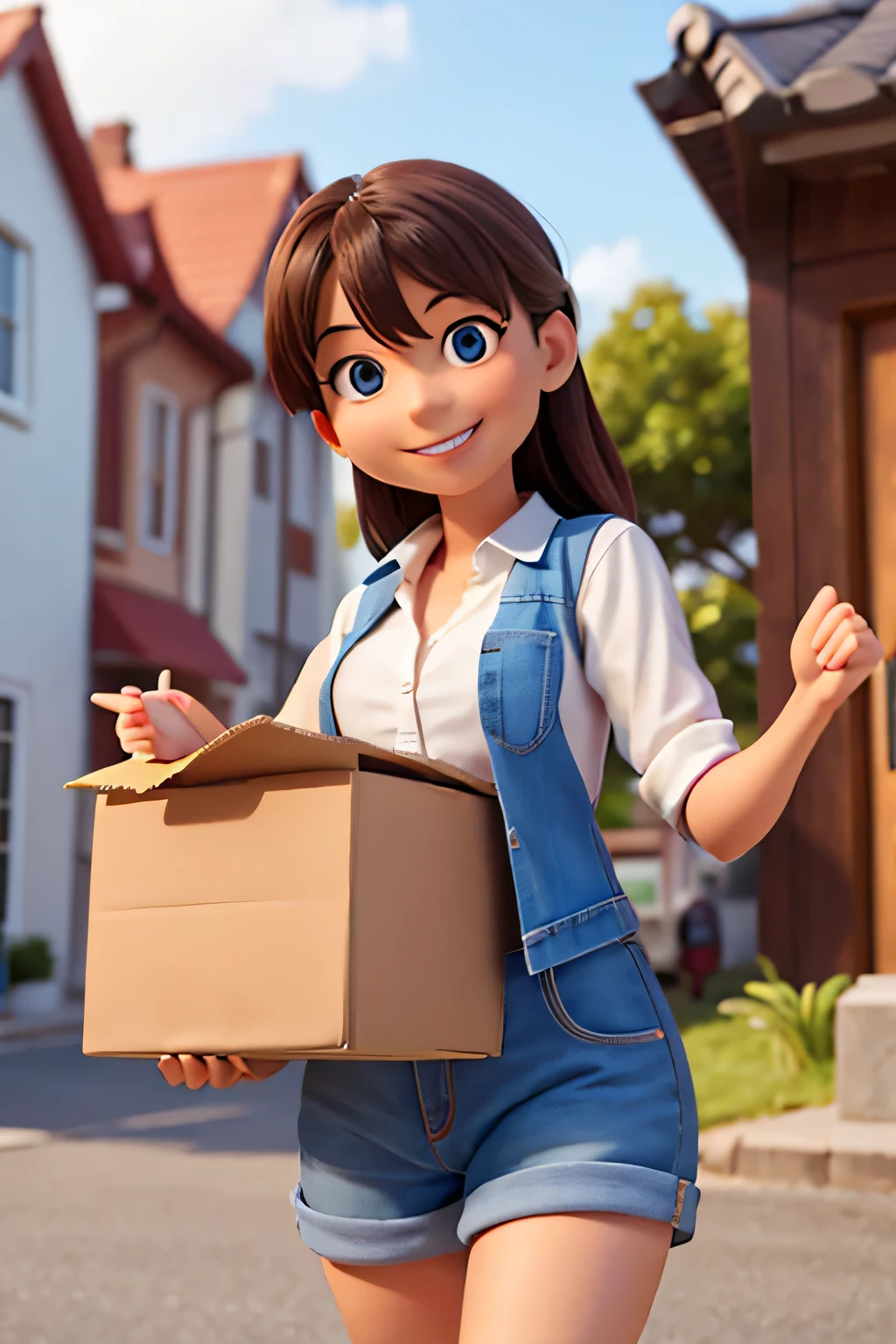 A smiling saleswoman handing a box of orders to the camera