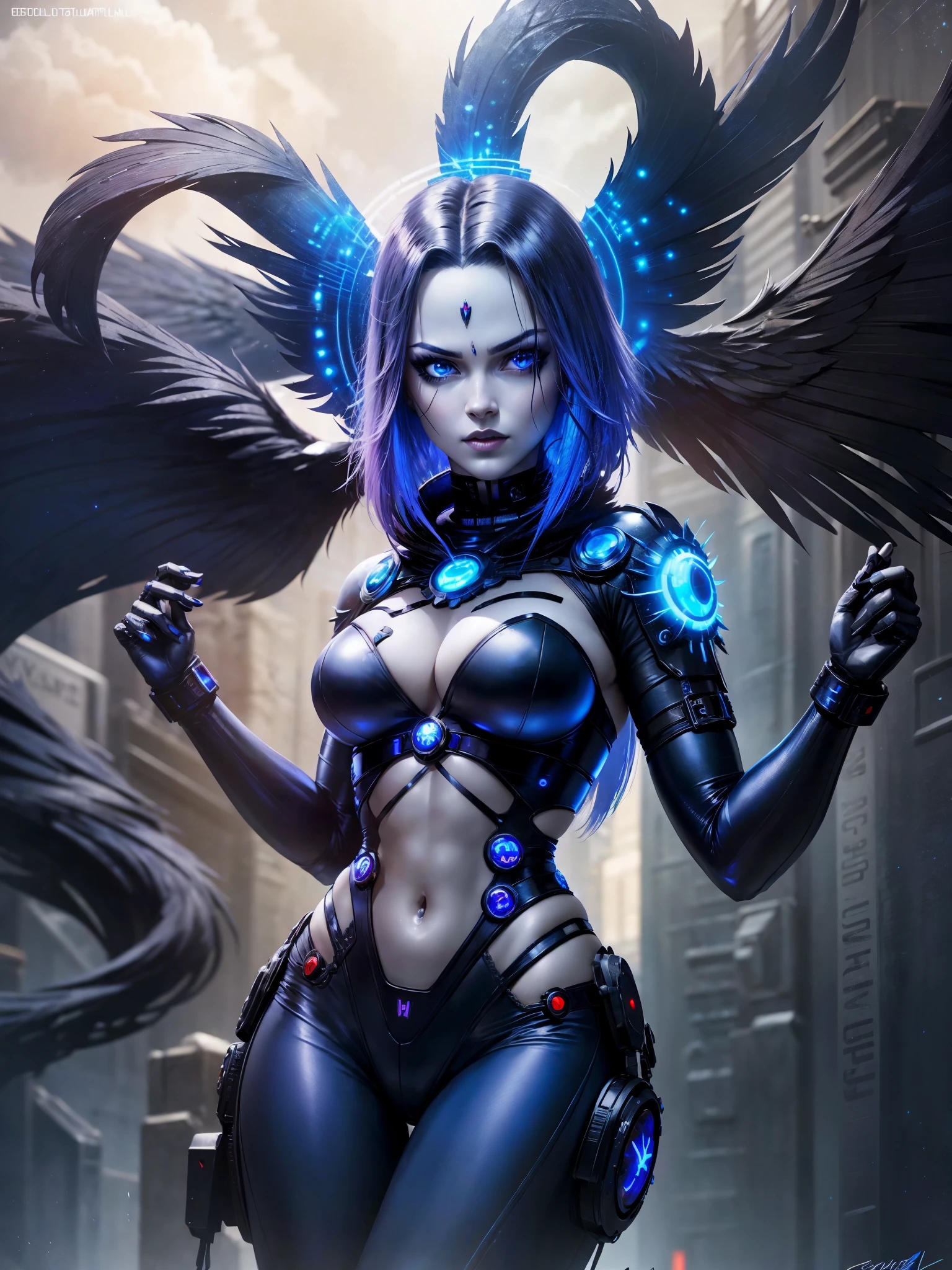 cyborg raven maiden, beautiful blue eyes, raven but with a cyberpunk twist, technopole, intricate, hyperdetailed