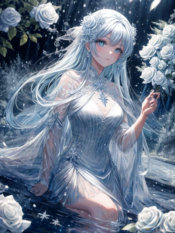 scenecy, Paradise in Heaven, white light naste piece), (Best Quality), (Cinematic), 8K, (art  stations), Li Yue&#39;s style of painting. (長い白い髪とSilvery eyesを持つ1人の女), (流れるような白くSheerドレス)、(Beautiful delicate face)、[ particle roux full moon] [Frozen trees々] [landscape crystal] [Lighting] [Ethereal Atmosphere]:1.1] [Fantasy, short story] [soft Lighting] [+Cinematic shot]:1.2 [+art  stations] [+Light white background] [+soft Lighting] [soft glow] [Creative and dynamic angles]:1.3, [+crystal tonina steppiece, ighly detailed, Ultra-detailed, Solo, (pale skin), Silvery eyes, Frosty white hair, (snowy background), (snowflake rose flower:1.5), (crystal crown), (shining crystals), (((白くSheerドレス))), (Snowy ground), (Icy breath), (Frozen lashes), 花のある部屋に立つSheer繊細なウェディングドレスを着た美女, Female sexy、luxurious wedding, very magical and dreamy, dreamy and detailed, ethereal fairy tale, fairy tale stage:, 贅沢なSheer薄いドレス, dreamy diamond、たくさんのクリスタルが付いたSheerドレス, fantasy sheer dress, A magical dress with a transparent chest, crystal see-through dress, Feminine atmosphere and drama in a Transparent dress with sparkling flowers, Gorgeous settings, 妖しい雰囲気 masutepiece, The most beautiful scenes, An majestic、(((Filled with white flowers)))、quiet and serene atmosphere、A charming, Sheer,The nipple is visible、large boob、sexy-S 100,たくさんのクリスタルが付いたSheerドレス, fantasy sheer dress, Transparent Chest Dress, See-through dress encrusted with crystals, Woman in a Transparent dress with sparkling white flowers, intricate fantasy sheer dress, transparent rainbow color, Detailed translucent costume design, Transparent dress, a stunning young ethereal figure, Bejeweled Opal Statue, fantasy transparent costume,pure white and dazzling、all white tones,Inside the crystal library,Transparent flowers and falling snow，((Many white roses are planted)),(flowingwater,falls,water bloom),The decoration is also carefully finished..,Dreamy（ighly detailedです，Creative Design，crisp and precise lines，K HD，best qualtiy，tmasterpiece，超hight resolution，4K）、modeled、Beautiful white flower hair ornament in diverse poses))、Beautiful hairstyle、full-body view、グラビアmodeled、Overhead view, look from above、(Best Quality, 4K, 8K, hight resolution, masutepiece:1.2), Ultra-detailed, Detailed expression, Graceful posture, dreamy ambiance, expressive brush strokes, mystic atmosphere, artistic interpretation,Beautiful coiled hair，Delicate floral jewelry， 驚くほど小さな新鮮なスタイルのSheerドレス、 Subtle colors and tones, Mystical aura,
