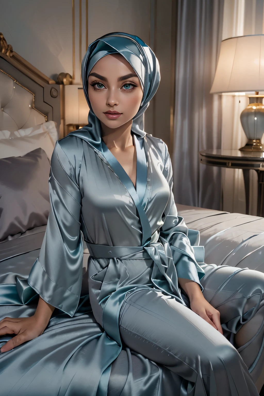 Arafed woman in a blue robe and head scarf sitting on a bed - SeaArt AI