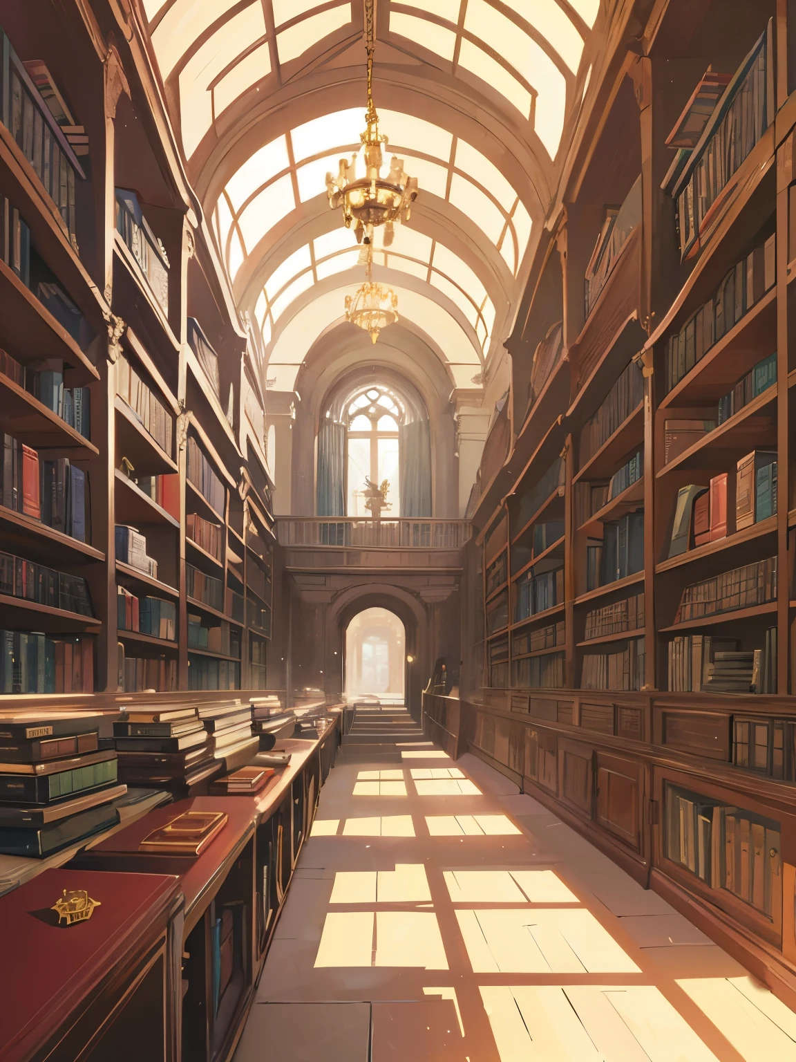 background, background only, library, magical school, magic library, red resign, books, bookshelves, grey brick walls, magic elements, golden assets