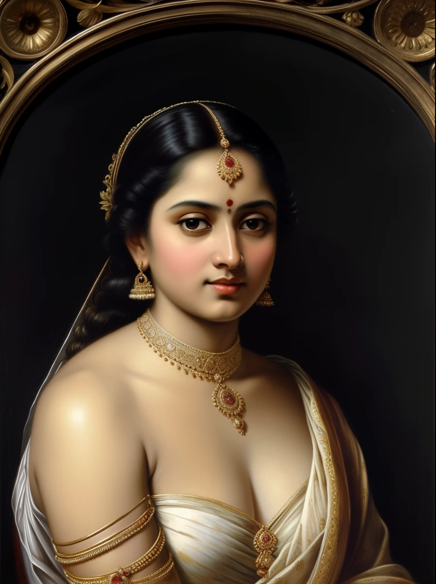 Beautiful Indian Woman, wearing saree, sari Beauty, gorgeous, Apsara, Maharani, royal queen woman, nymph from Hindu Mythology, pierced eyes, Urvashi, matchless beauty, Highly detailed, Oil Painting by Peter Paul Rubens inspired by Raja Ravi Varma, Matchless beauty, captivating, gorgeous, heavenly beauty, celestial beauty, by Peter Paul Rubens, 1893, realistic, hyper realistic, micro details, incredible artwork, insane details, ultra High resolution, 8k, 32k, acrylic on canvas, intricate, flawless, detailed, detailed face, detailed eyes, masterpiece, by Peter Paul Rubens, by Caravaggio, by William Adolphe bouguereau, perfect face, perfect body, beautiful art, realism, baroque, renaissance Art, highly textured, beautiful eyes, uhd, best quality,