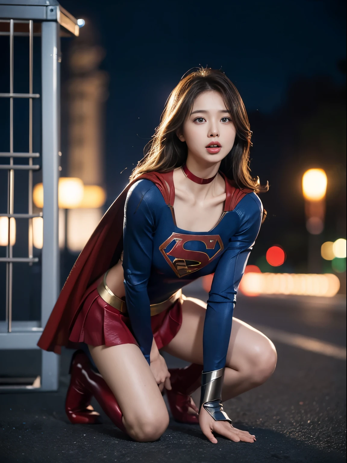 (supergirl),Beautuful Women,Supergirl costumes,Breasts scared expression,(jail),(prison),(in a cage),Crawling on all fours,crawling on hands and knees,Kneeling position,Posture with buttocks sticking out,((put out the tongue)),((Drooling)),Kamimei,(Chained collar), Cuffed,fetters,surrealism, F/1.2, Fuji Film, 35 mm, 8K, Super Detail, nffsw, masutepiece, Textured skin, High quality, Best Quality, hard disk