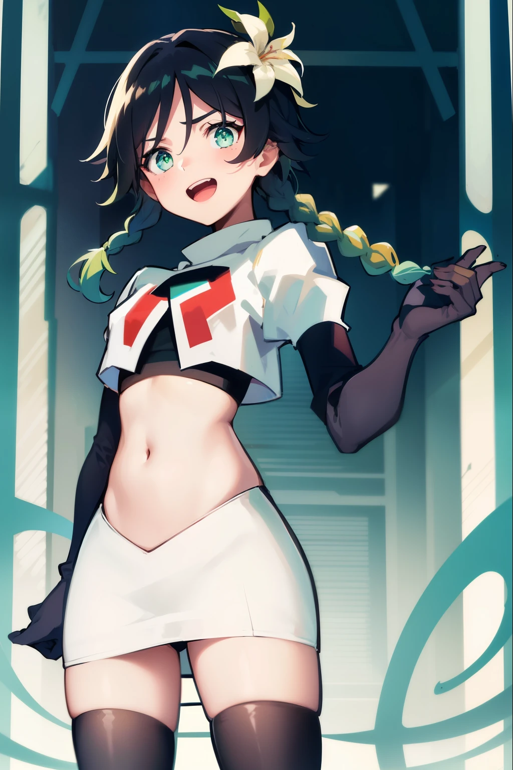 absurdres,venti,1boy, male focus, trap,black hair, green-blue hair, hair braid,hair flower,aqua green eyes,crossdressing,1boy,team rocket,team rocket uniform,white skirt,red letter R,crop top,black thigh-highs,black elbow gloves, laughing, happy, blush