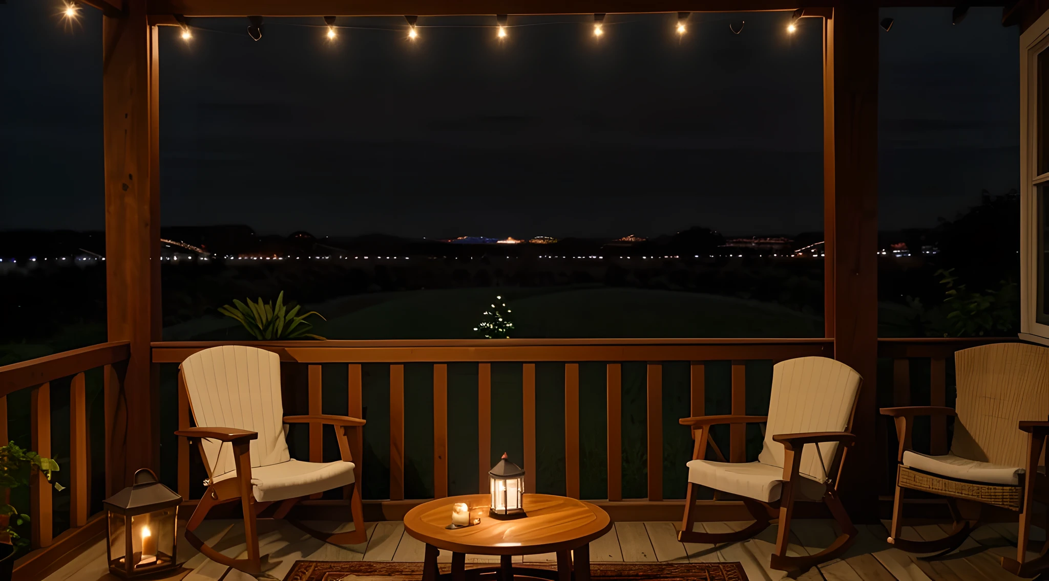 Veranda interior, on the veranda there are two chairs with a kettle and a kettle,cozy veranda, wide angle photo, Photorealistic, Evening, calm night time.  night time, cozy home background,