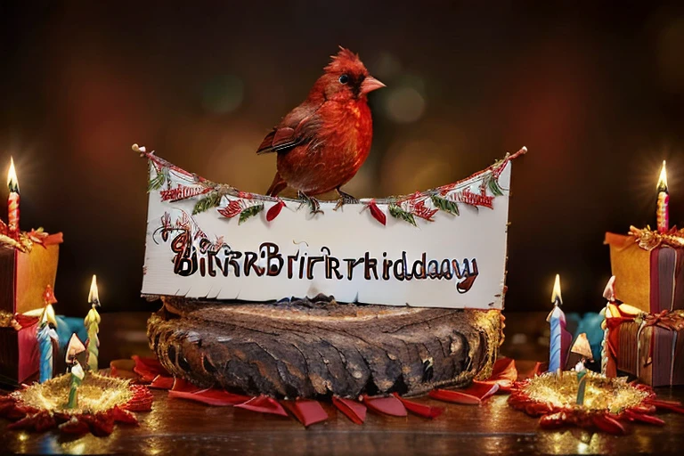 (masterpiece, best quality:1.2), ultra-detailed, Brown and red bird, (realistic:1.5), ((Add words ((Happy Birthday letters)) on a sign)) , Birthday celebration
 New Years background, on carved intricately ornate Druid altarpiece in mysterious deep forest background, twisted candles on the sides, perfect reflection, soft candle lighting, fantasy style highly detailed, unreal engine