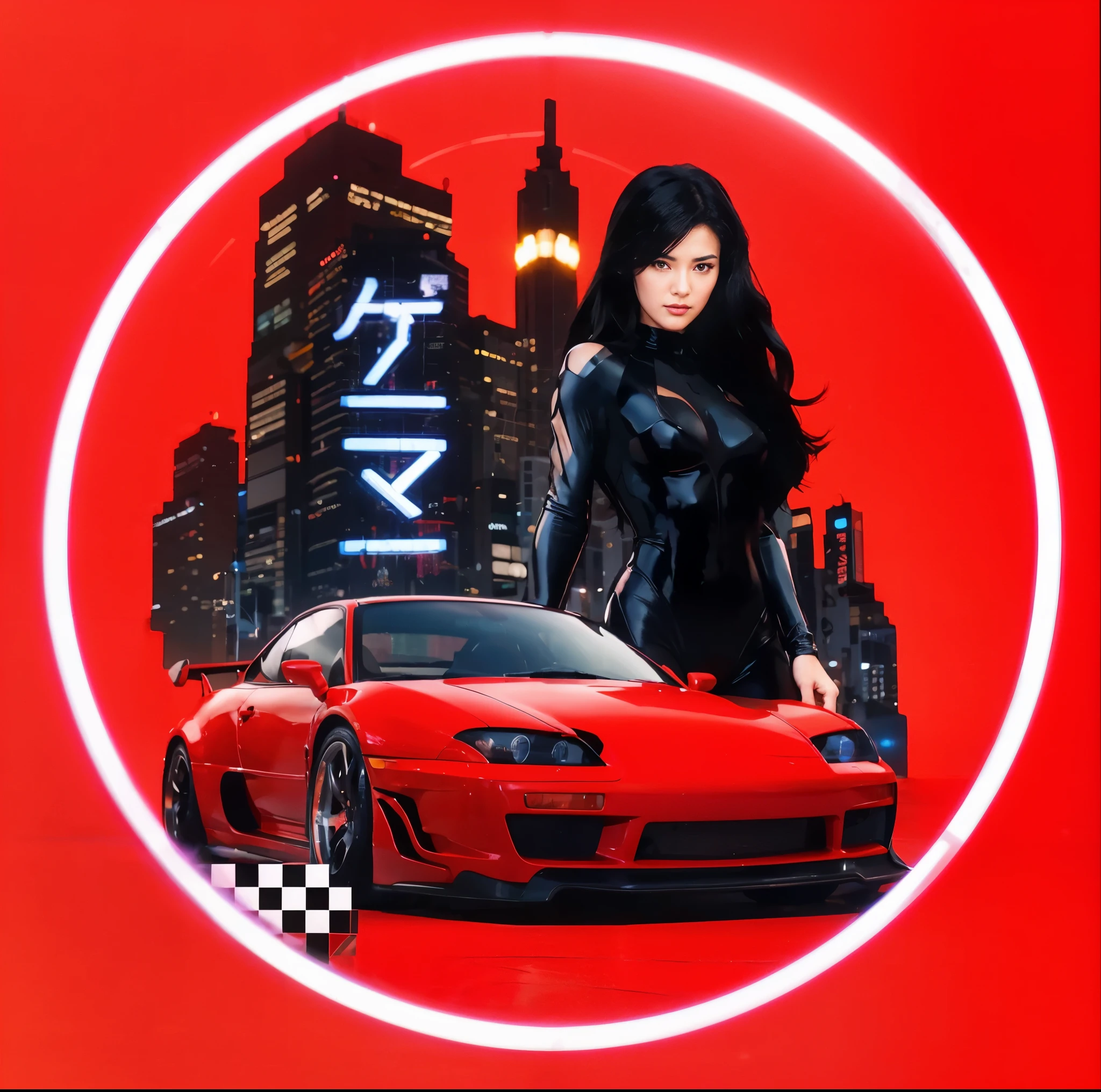 A beautiful image in 4k dynamic high quality beautiful woman with black hair with black bodysuit next to a JDM car colored red in a neon City Tokyo