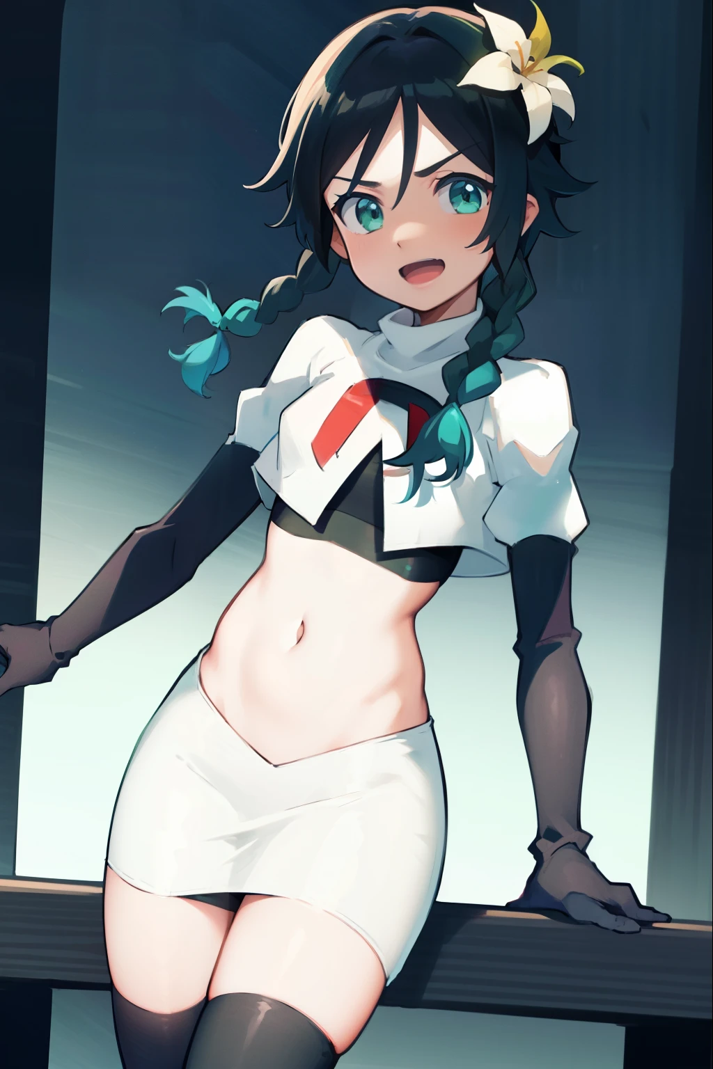 absurdres,venti,1boy, male focus, trap,black hair, green-blue hair, hair braid,hair flower,aqua green eyes,crossdressing,1boy,team rocket,team rocket uniform,white skirt,red letter R,crop top,black thigh-highs,black elbow gloves, laughing, happy, blush