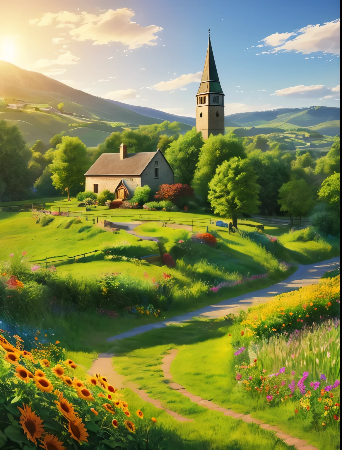 Design a picturesque village landscape featuring:
1. A charming cottage: Imagine a cozy cottage nestled at the heart of the village. Add colorful flowers blooming in the garden, a white picket fence, and smoke gently rising from the chimney.
2. Rolling hills: Paint a backdrop of gentle, rolling hills surrounding the village. Use vibrant green hues to represent lush meadows and fields stretching as far as the eye can see.
3. Winding pathways: Picture meandering pathways connecting different parts of the village. Add cobblestone or dirt paths bordered with trees and wildflowers, enticing the viewer for a stroll.
4. Quaint shops: Populate the village with unique shops and storefronts. Include a bakery selling freshly baked bread, a cozy bookstore with a charming sign hanging outside, and perhaps a colorful flower shop.
5. Central square: Imagine a bustling central square filled with villagers going about their day. Add a charming fountain in the center, surrounded by benches and small cafes where people can enjoy a cup of coffee.
6. Village church: Include a picturesque village church with a tall steeple. Add intricate details to the church's architecture and perhaps a small graveyard beside it.
7. River or stream: Incorporate a gentle river or stream flowing through the village. Place a small stone bridge or a wooden footbridge over it, adding an element of serenity.
8. Farmland: Depict abundant farmland on the outskirts of the village. Paint fields of golden wheat or vibrant sunflowers, with livestock grazing peacefully in the distance.
9. Soft sunlight: Illuminate the scene with warm, soft sunlight, ca pixar portrait 8k photo, painting art in artstation, digital painting, photorealistic disney, weta pixar portrait, inspired by 19th century realism, ultra realistic illustration, hyper realistic , by Alexander Kucharsky, disney realistic photo, inspired by Rudy Siswanto,