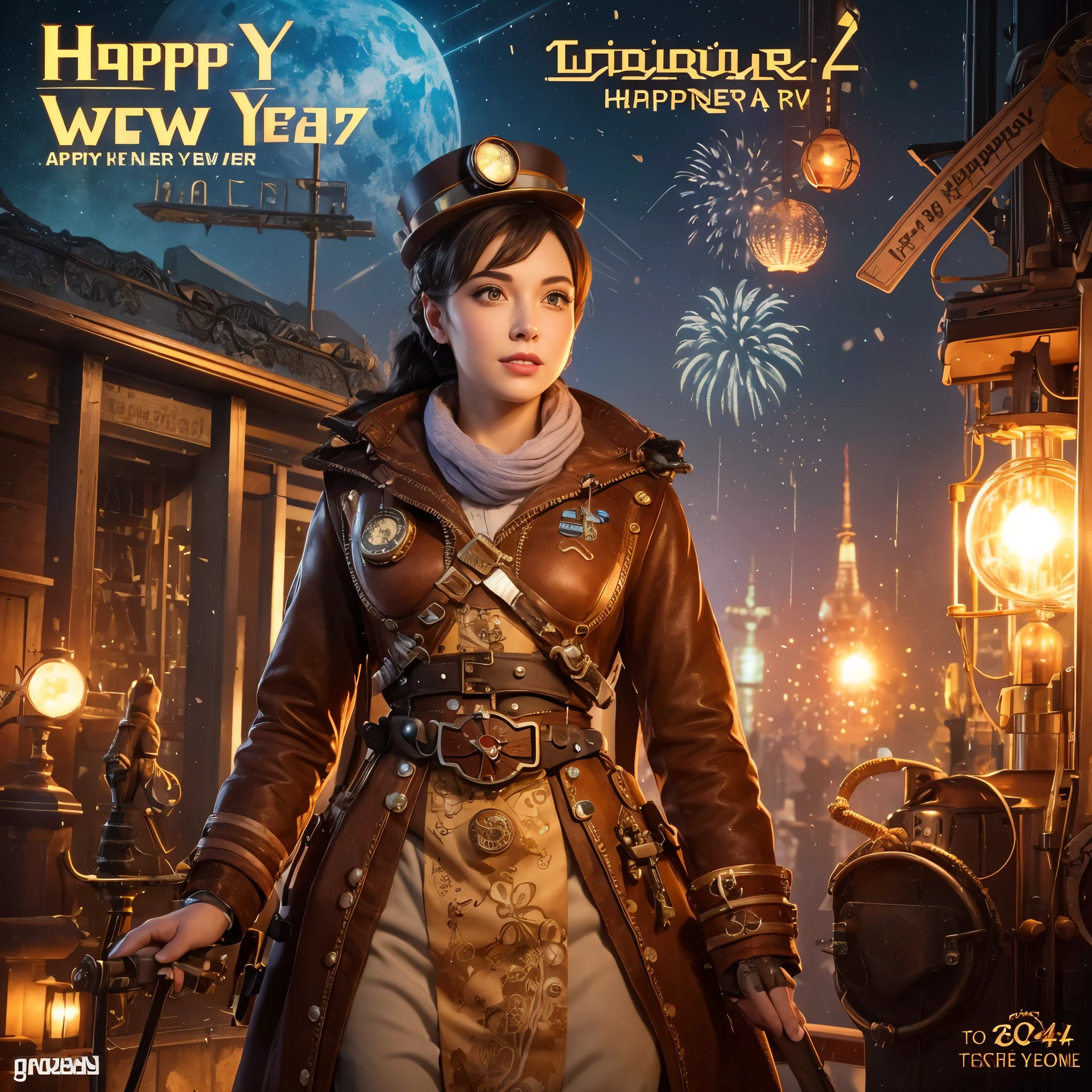 retrofuturism steampunk say "Happy New Year 2024!"
