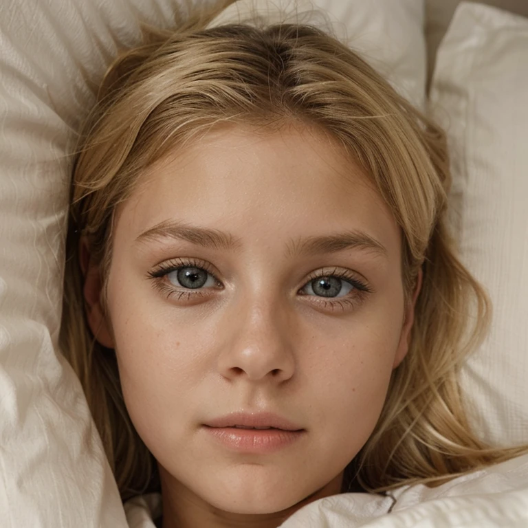 Portrait of a ashamed 18yo blonde Russian women laying in hospital bed. Close up. Hospital gown. Cleavage