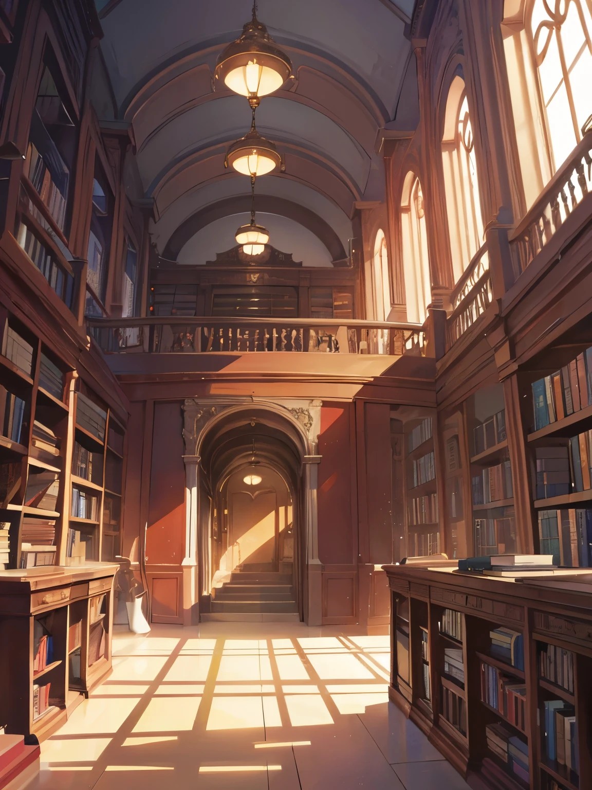 background, background only, library, magical school, magic library, red resign, books, bookshelves, grey brick walls, magic elements, golden assets