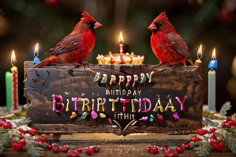 (masterpiece, best quality:1.2), ultra-detailed, Brown and red bird, (realistic:1.5), ((Add words ((Happy Birthday letters)) on a sign)) , Birthday celebration New Years background, on carved intricately ornate Druid altarpiece in mysterious deep forest background, twisted candles on the sides, perfect reflection, soft candle lighting, fantasy style highly detailed, unreal engine