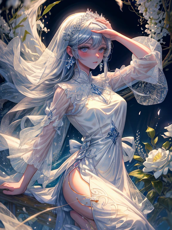 1 girl, Transparent water, Blue Butterfly, Pure white gauze skirt, A sparkling girl，China costume，whole body，Sunlight，Clear face，Clean white background，masterpiece，Super Detail，Epic composition，Extremely detailed，Official Art，8k wallpaper，Super Detail，32K，Long hair，White hair，Large petals，breeze，chiffon，Blue Eyes，Gorgeous hair accessories，Kapok，high resolution， bust，moonlight，chiffon，Gorgeous clothes，masterpiece，Epic Works，Clean background，Flowing sleeves，whole body像，front，Full breasts 