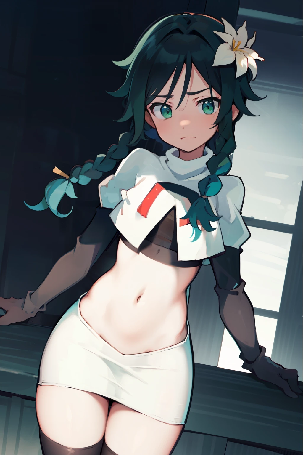 absurdres,venti,1boy, male focus, trap,black hair, green-blue hair, hair braid,hair flower,aqua green eyes,crossdressing,1boy,team rocket,team rocket uniform,white skirt,red letter R,crop top,black thigh-highs,black elbow gloves, embarrassed, blush