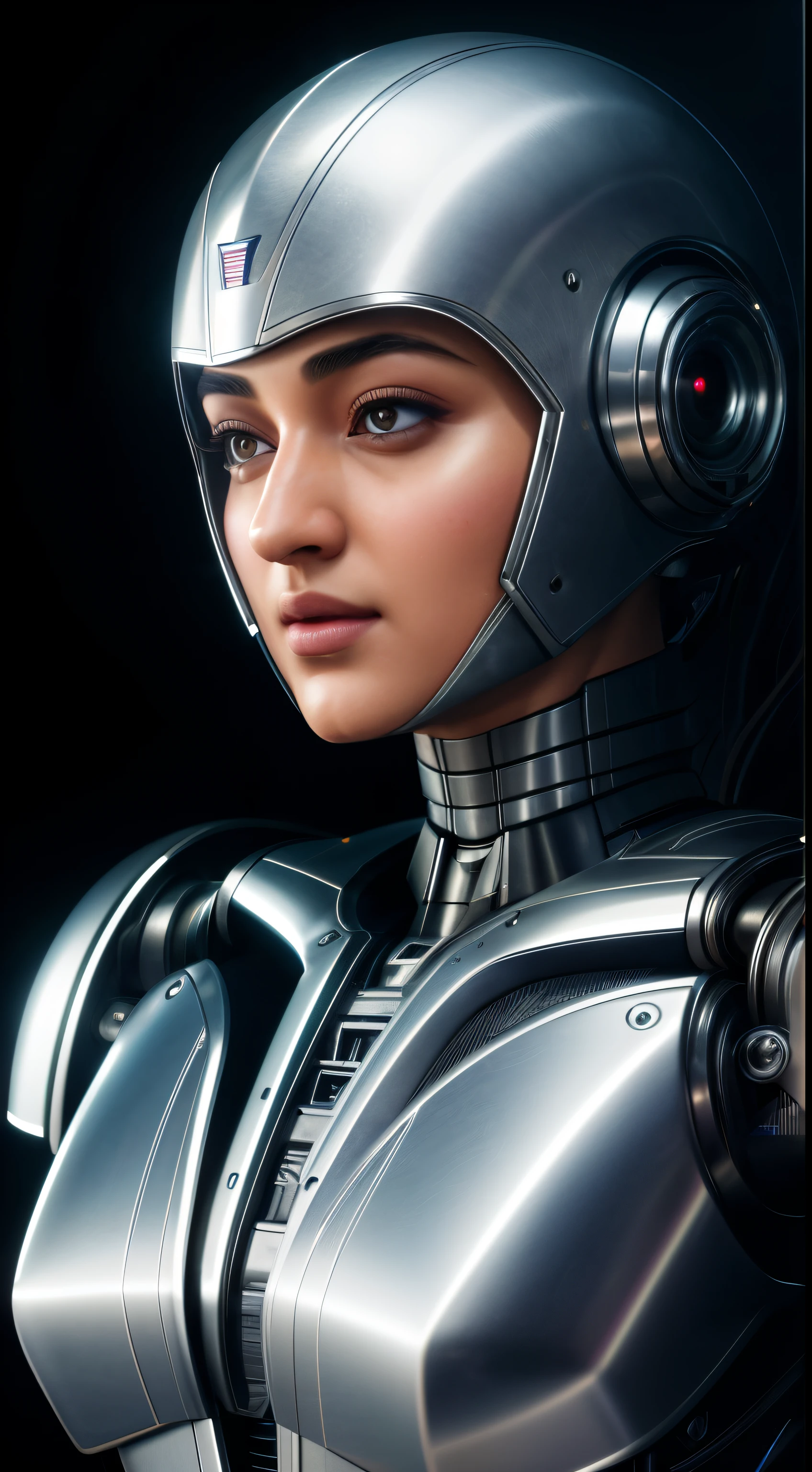 Looks like Maisie Sonakshi Sinha, Intricate 3d rendering of highly detailed beautiful ceramic silhouette female robot face, robot, robot part, 150 mm, beautiful studio soft light, rim light, vibrant details, luxurious cyberpunk, lace, surreal, anatomy, facial muscles, cables wires, microchip, elegant, beautiful background, octane rendering, HR Giger style, 8k, best quality, masterpiece, illustration, very delicate and beautiful, very detailed, CG, unity, wallpaper , (fidelity, fidelity: 1.37), amazing, fine detail, masterpiece, best quality, official art, very detailed cg unity 8k wallpaper, absurd, unbelievably absurd, robot, silver helmet, full body, sitting write,