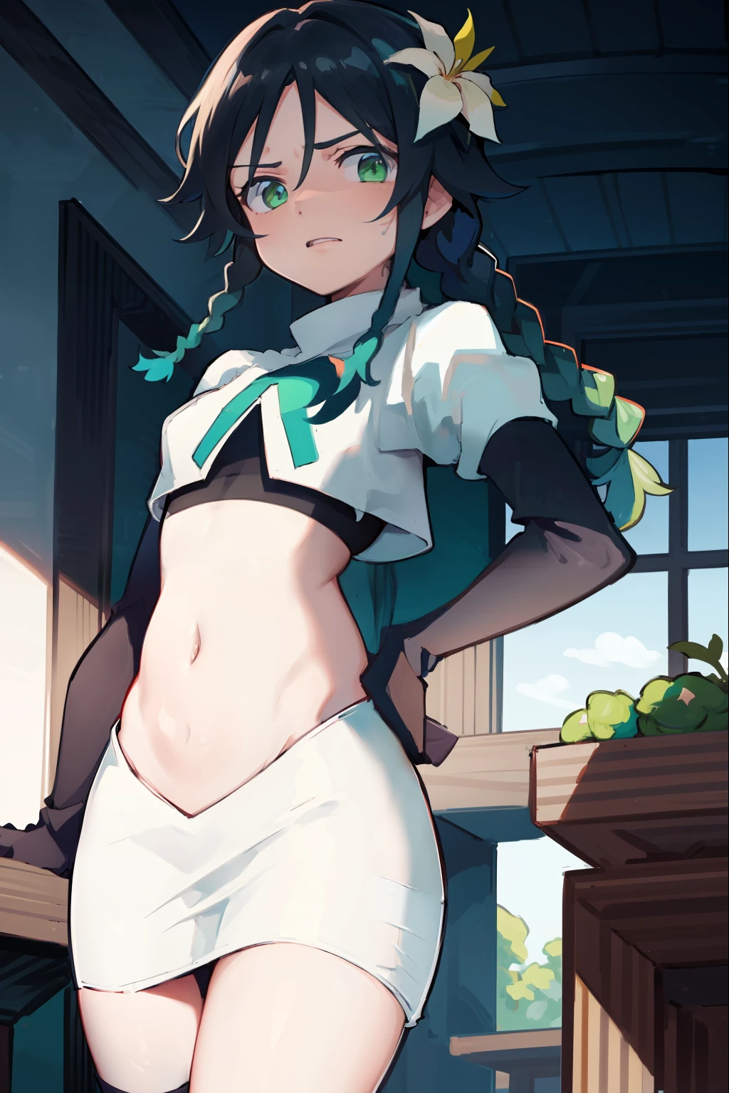 absurdres,venti,1boy, male focus, trap,black hair, green-blue hair, hair braid,hair flower,aqua green eyes,crossdressing,1boy,team rocket,team rocket uniform,white skirt,red letter R,crop top,black thigh-highs,black elbow gloves, cowboy shot,embarrassed, blush
