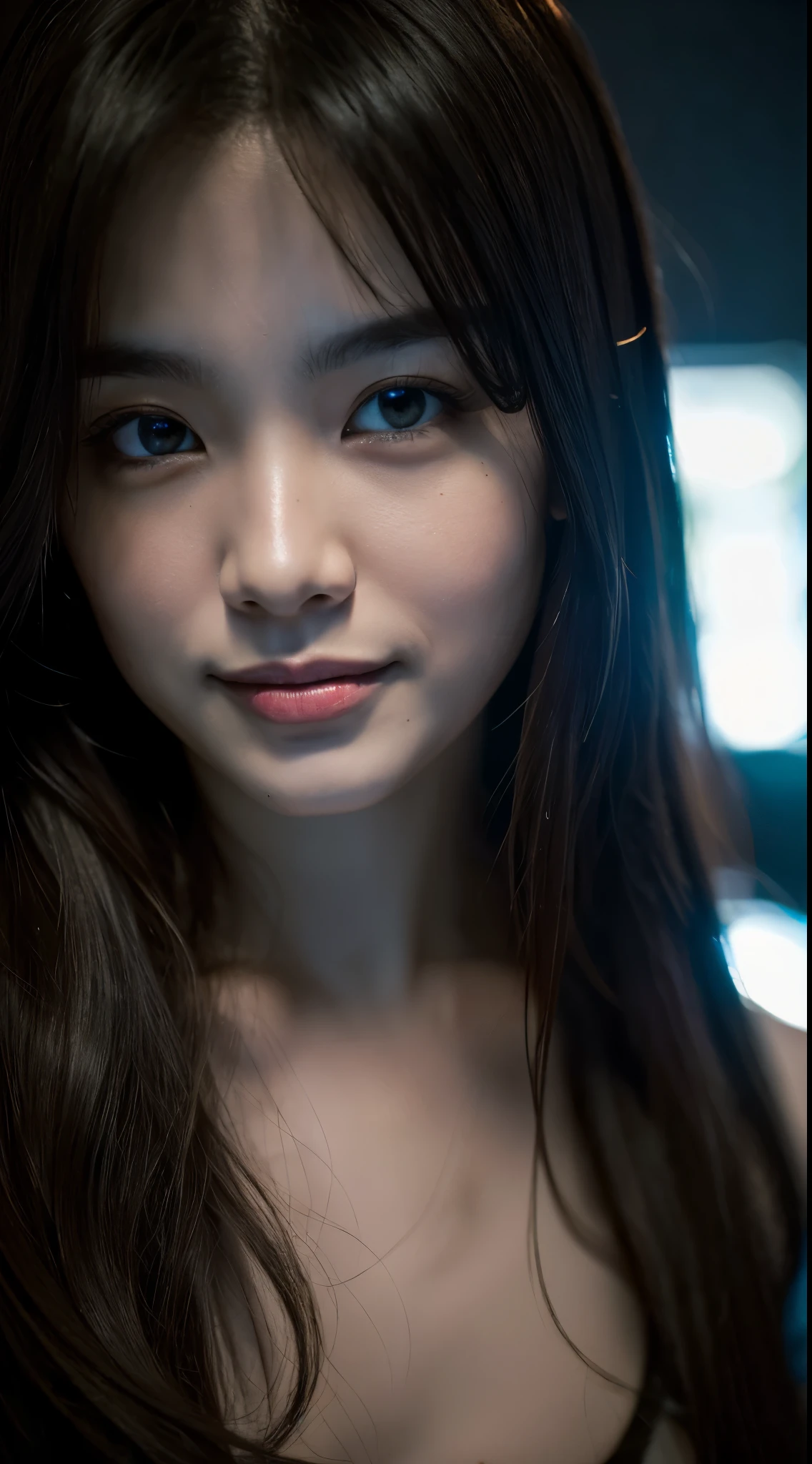 highest quality, epic realistic, ((in the pitch black darkness :1.4)), ((portrait:1.5)),(background: dark ) high contrast ,glorious picture, lowest lux, lighting face, she's comfortable, wearing nothing,  , looks incredible, (8k, Raw photo, Highest quality),(epic realistic:1.5), a woman, face,(detailed eyes:0.8),(looking at the camera:1.4), (Highest quality), ( high contrast, deep shadows),Intricate details,cinematic,((skin:1.4)), (long dark hair:1.3), long hair, messy ,(Hdr:1.5),Detailed, colors, Superior quality, Masterpiece, Raw Photo (20-year-old, looking at viewer), beautiful, (wearing plain yellow shirt,), perfect, natural, perfect composition, portrait, perfect face, smiling expression, Captivating eyes, Bright details, Tight lips, (High Skin Detail),, (blue tint: 0.6), (sale: 0.8), (bloody: 0.7), Key lighting , (backlight: 0.5), Medium depth of field, Canon 5d, 50mm lens, f/4 apertures, (Ultra-detailed, Complex detail), sharp focus, soft colors, 8k, Absurd, 80mm, dark background, photography, smiling, pinay, filipina, medium boobs,