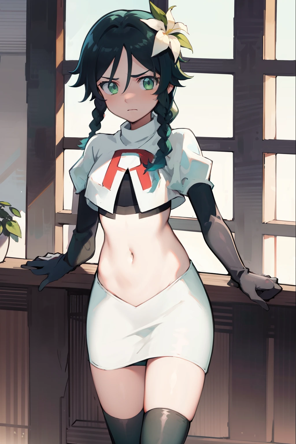 absurdres,venti,1boy, male focus, trap,black hair, green-blue hair, hair braid,hair flower,aqua green eyes,crossdressing,1boy,team rocket,team rocket uniform,white skirt,red letter R,crop top,black thigh-highs,black elbow gloves, embarrassed, blush