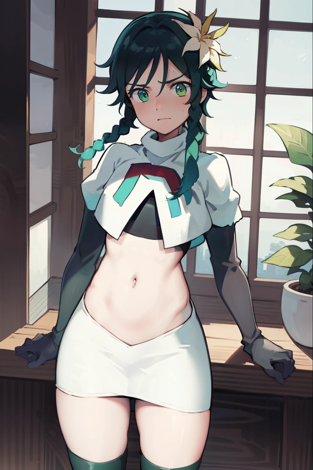 absurdres,venti,1boy, male focus, trap,black hair, green-blue hair, hair braid,hair flower,aqua green eyes,crossdressing,1boy,team rocket,team rocket uniform,white skirt,red letter R,crop top,black thigh-highs,black elbow gloves, embarrassed, blush