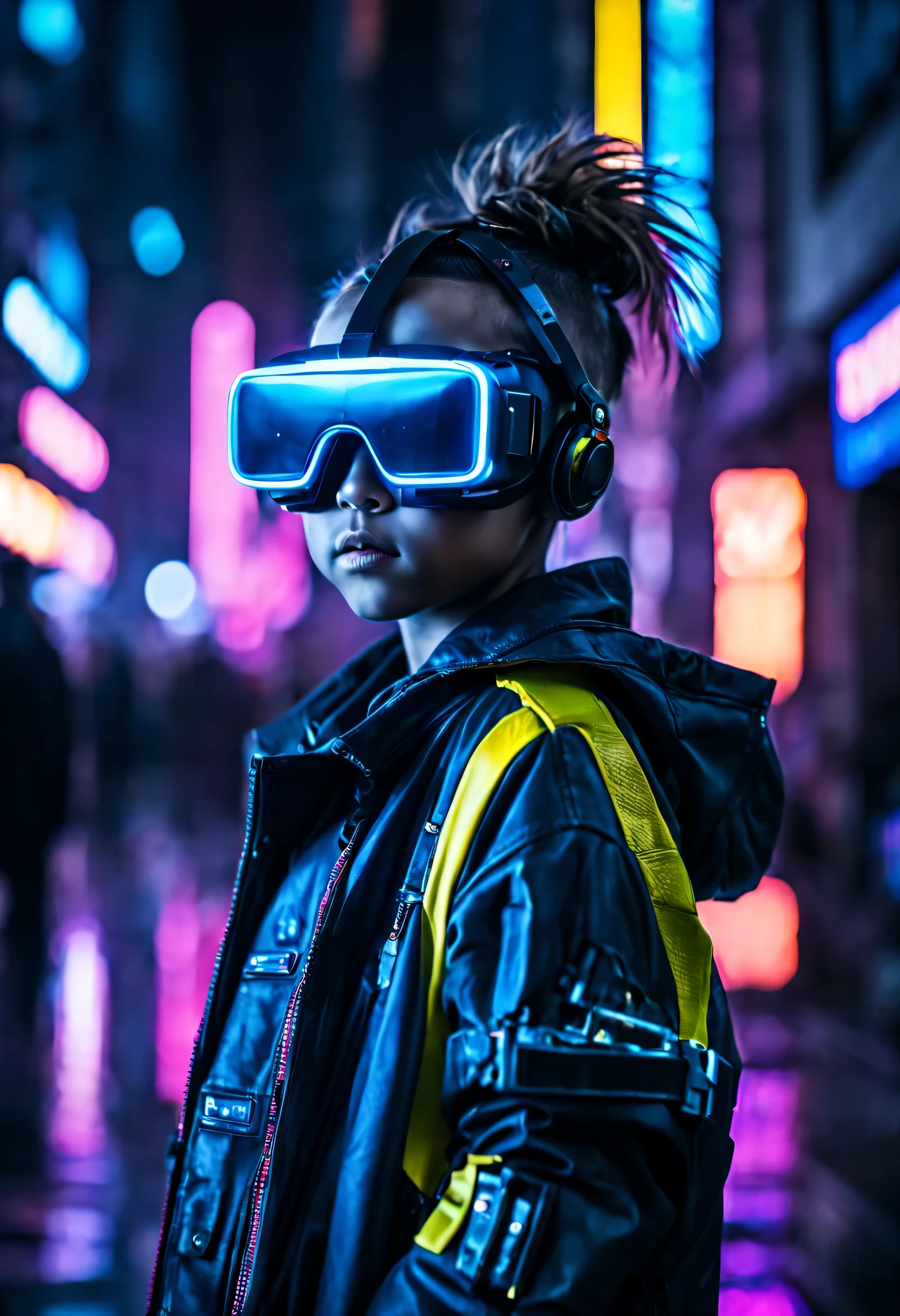 (Zoom no retrato de rosto em close-up:1.5) photo of a child with virtual reality glasses, Photo No (Estilo Blade Runner:1.3). She is wearing a blue jacket with yellow details , Inicializações de plataforma. He's on his feet, encostado em uma parede de metal em um barco rave cyberpunk futurista, neon lights, cabines de couro, e pessoas em segundo plano. futuristic sci-fi (Estilo cyberpunk:1.5). Outside, noite, (Escuro, sombrio:1.5) e nublado, textura detalhada da pele, textura de pano detalhada, lindo rosto perfeito detalhado, intricate sharp details, ultra high-resolution.