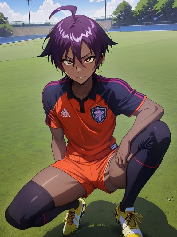 (((Official art,superfine illustration,hight resolution, masutepiece, best qualtiy,Best Quality,)))hightquality, detaileds, (A little boy),12 years old, A young ace striker male idol with a super cute face,A boy as beautiful as Planding, Cool handsome face with smile, soccer spike, Long legs, thighs thighs thighs thighs, Foots, Bulge, (Purple hair、Spiky hairstyle)、Shiny hair, (tight shiny orange soccer uniform suit), (tight and shiny soccer shorts), (Soccer Socks), tussock, Cool pose, (厚いthighs thighs thighs thighs、Seduce your big ass to your crotch)、(((soccer field in the park)))、((cocky、))、Smirk、Spread legs,Ultra-fine painting, (Best Quality, 4K, 8K, hight resolution, masutepiece:1.2),(((Being aware of the sexual gaze of middle-aged gay men)))、Service Shots、(((Dark skin)))、((detailedsな目:1.2))、kawaii eyes、