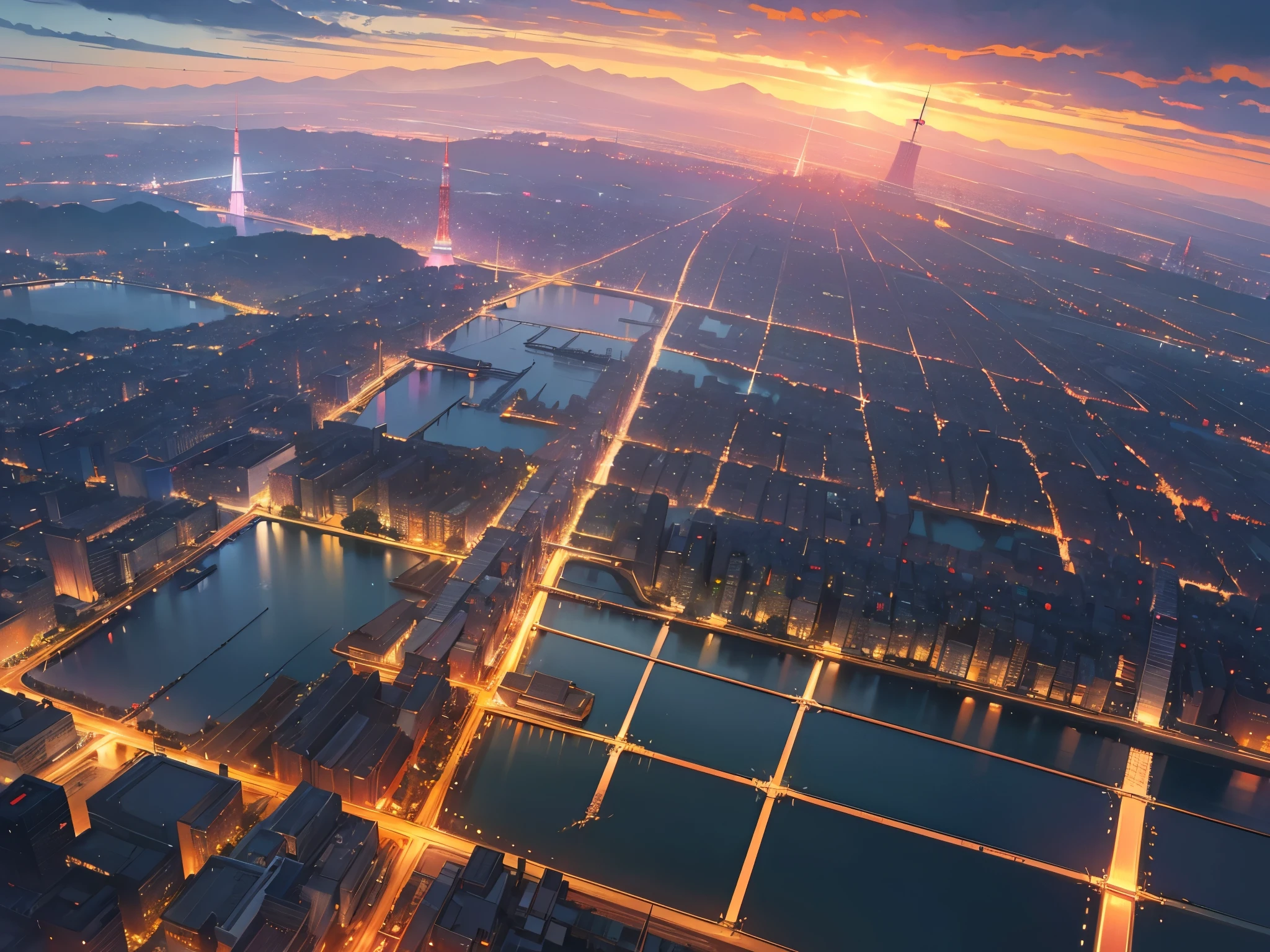 Beautiful landscape photos of japan, high res, nature, ultrasharp and 8K qualities. The vibrant cityscape of Tokyo at dusk, with a mix of traditional and modern elements. Highlight the city lights and the iconic Tokyo Tower or other landmarks. There will be no people.
