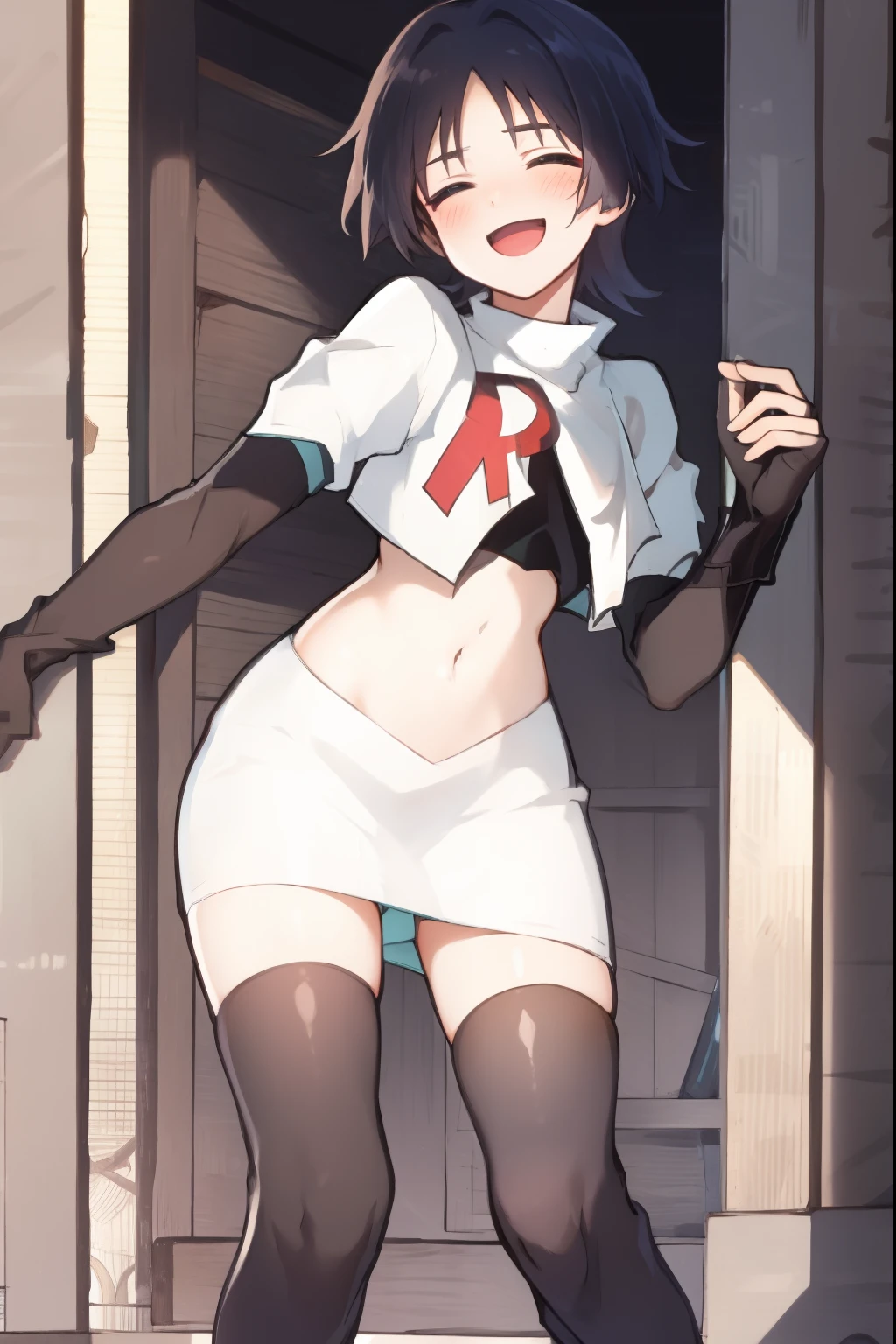 absurdres,masterpiece, trap, best quality, highres, high quality, 1boy, solo, male focus, hair, crossdressing,1boy,team rocket,team rocket uniform,white skirt,red letter R,crop top,black thigh-high boots,black elbow gloves, evil laugh