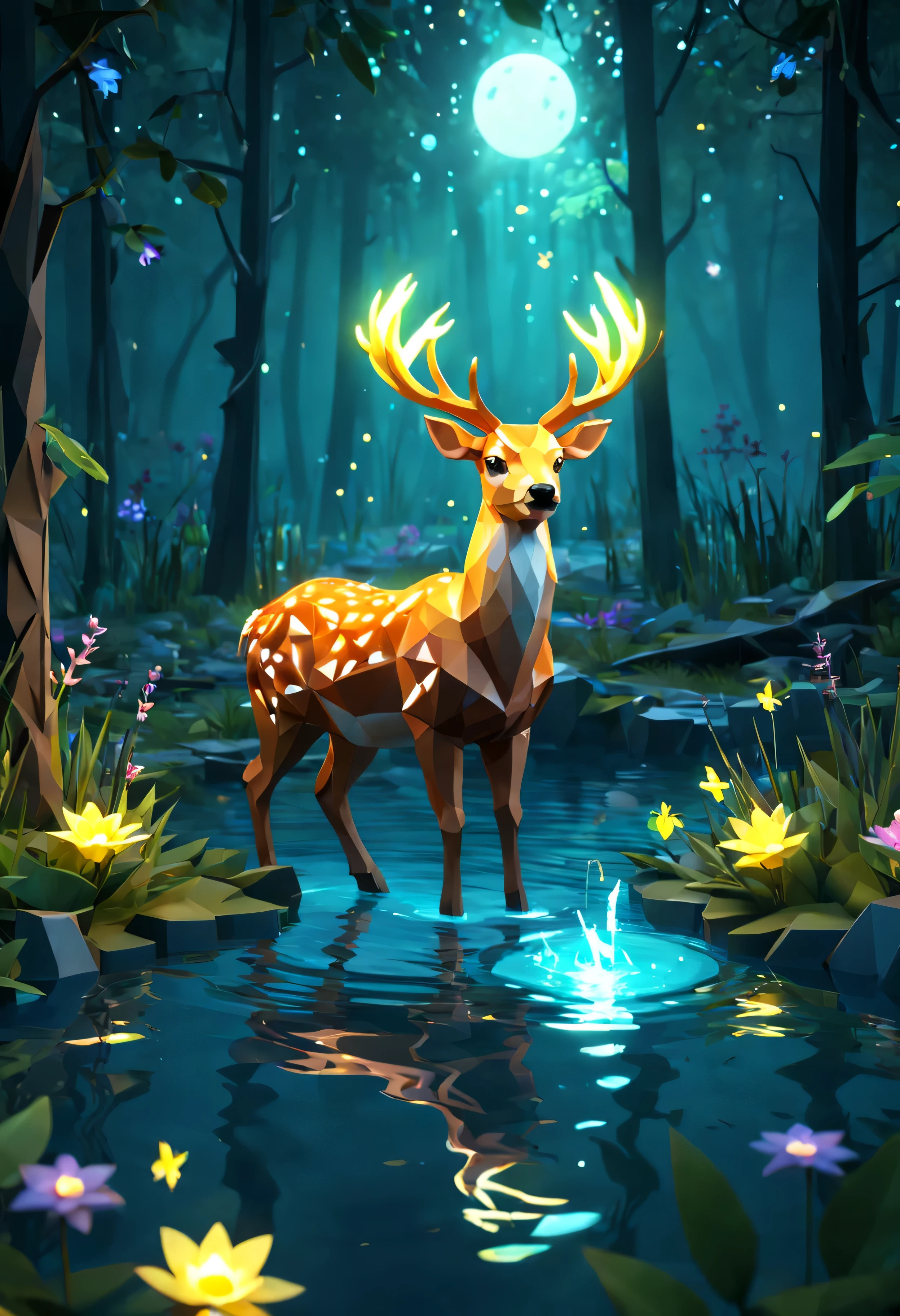 3D-rendering,estilo realista,design de jogo em estilo low poly ,Sprite de brilho, com um cervo brilhante, in a pool Drinking water, Tema Elementos Naturais na Floresta. floresta misteriosa, Floresta bonita, Natureza, cercado por flores, folhas e galhos delicados cercados por vaga-lumes
