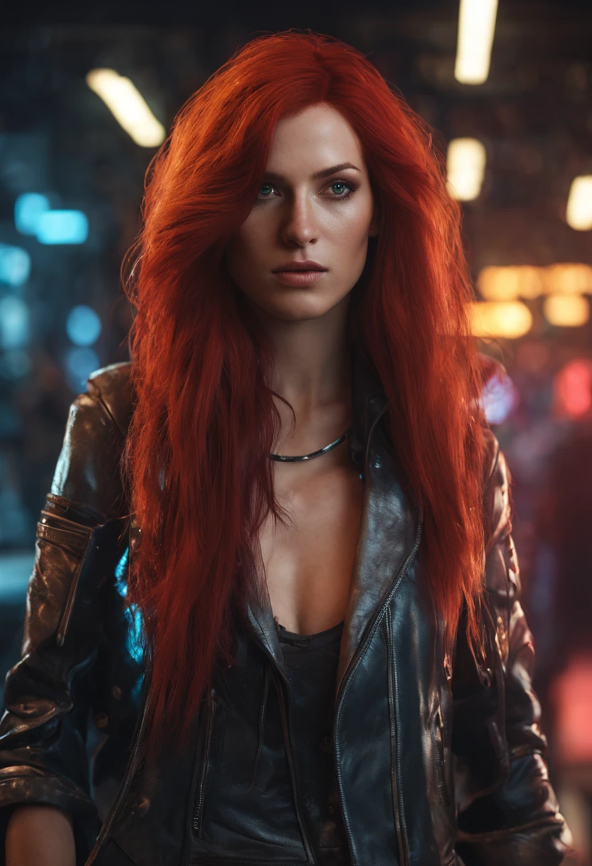 long red hair, ((Best quality)), ((masterpiece)), (detailed:1.4), 3D, an image of a beautiful cyberpunk female in a disco, long red hair, HDR (High Dynamic Range),Ray Tracing,NVIDIA RTX,Super-Resolution,Unreal 5,Subsurface scattering,PBR Texturing,Post-processing,Anisotropic Filtering,Depth-of-field,Maximum clarity and sharpness,Multi-layered textures,Albedo and Specular maps,Surface shading,Accurate simulation of light-material interaction,Perfect proportions,Octane Render,Two-tone lighting,Wide aperture,Low ISO,White balance,Rule of thirds,8K RAW