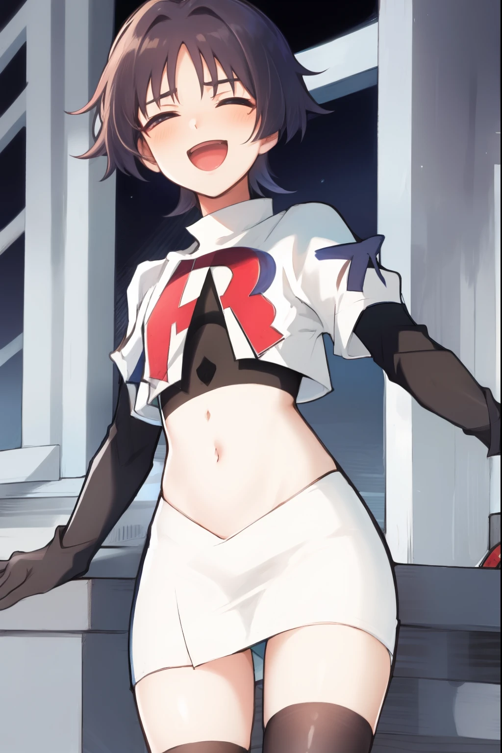 absurdres,masterpiece, trap, best quality, highres, high quality, 1boy, solo, male focus, hair, crossdressing,1boy,team rocket,team rocket uniform,white skirt,red letter R,crop top,black thigh-highs,black elbow gloves, laughing, blush