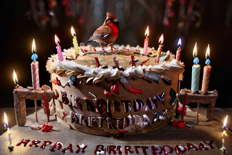 (masterpiece, best quality:1.2), ultra-detailed, Brown and red bird, (realistic:1.5), ((Add words ((Happy Birthday letters)) on a sign)) , Birthday celebration New Years background, on carved intricately ornate Druid altarpiece in mysterious deep forest background, twisted candles on the sides, perfect reflection, soft candle lighting, fantasy style highly detailed, unreal engine