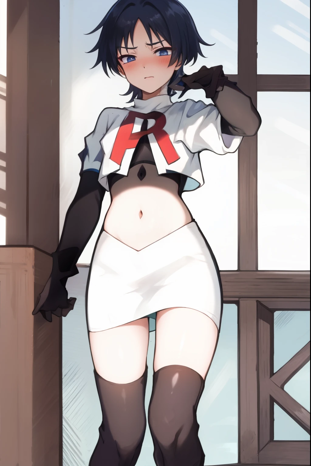 absurdres,masterpiece, trap, best quality, highres, high quality, 1boy, solo, male focus, hair, crossdressing,1boy,team rocket,team rocket uniform,white skirt,red letter R,crop top,black thigh-highs,black elbow gloves, embarrassed, blush