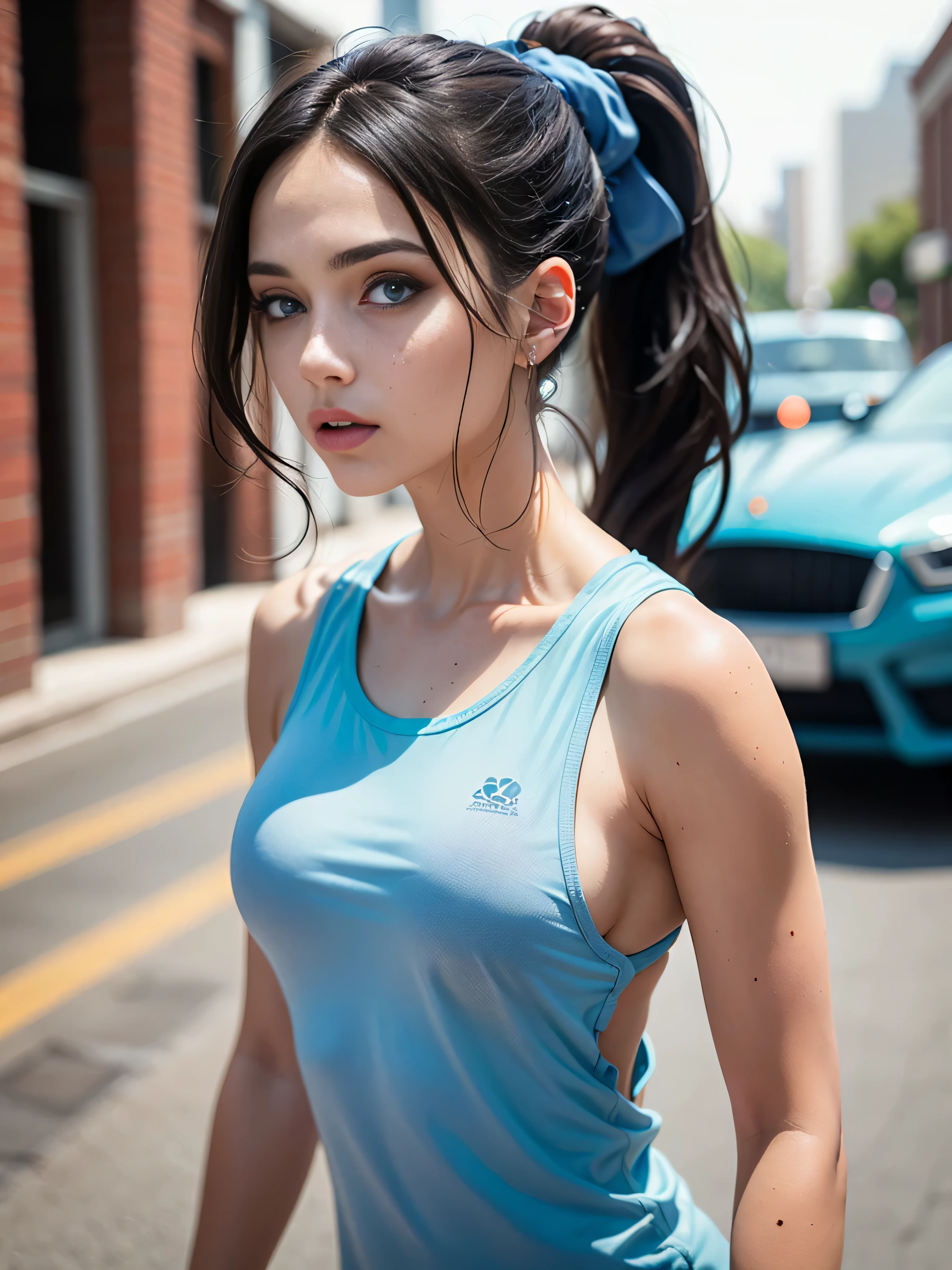((best quality: 1.5)) ((masterpiece: 0.8)), intricate details, sharp focus, professional, photorealistic, real life, realistic representation of the face, (gothic eye makeup), bright glow, dynamic pose, gorgeous perfect face, in the style of realistic and hyper detailed renderings, zbrush, hyper realistic oil, contoured shading, BREAK; BREAK (((dark hair, ponytail, ((blue eyes))))), (freckles: 1.2), ((fujicolor)), BREAK (((small breasts))), BREAK walking down a city street, ((daisy dukes, ((loose seafoam tanktop, sideboob)))), photorealistic, hyper-realistic, 8K, super detail