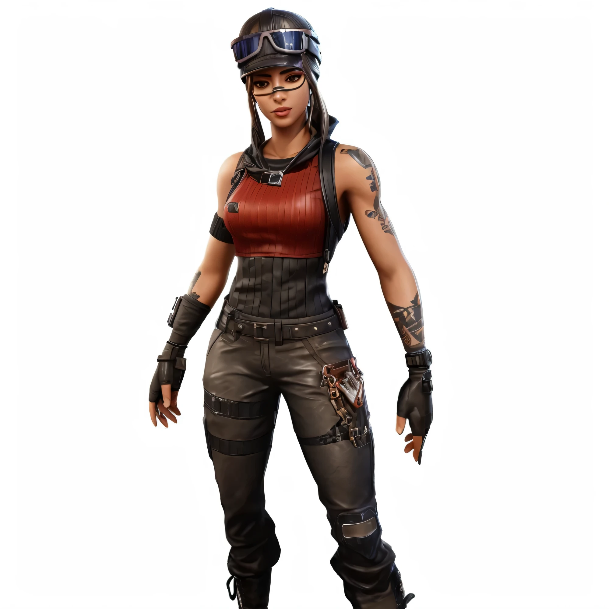 a woman in a red blouse and black pants with protective glasses, Aviador tem, Personagem de Fortnite, Skin de Fortnite, mechanic punk outfit, pele bronzeada, pele de bronze, as a Personagem de Fortnite, conceito de pele, pele obsidianos, metallic pele de bronze, Skin no PC para jogos, Na pele de Fortnite, corpo inteiro feminino, protagonista feminina 👀 :8, corpo inteiro feminino, diesel punk female