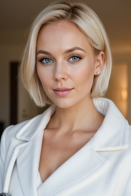 female doctor 31 years old Scandinavian glamor model in white coat, detailed eyes, eyelashes, forehead, short hair, blond hair, looking at the viewer, mouth agape, surprised