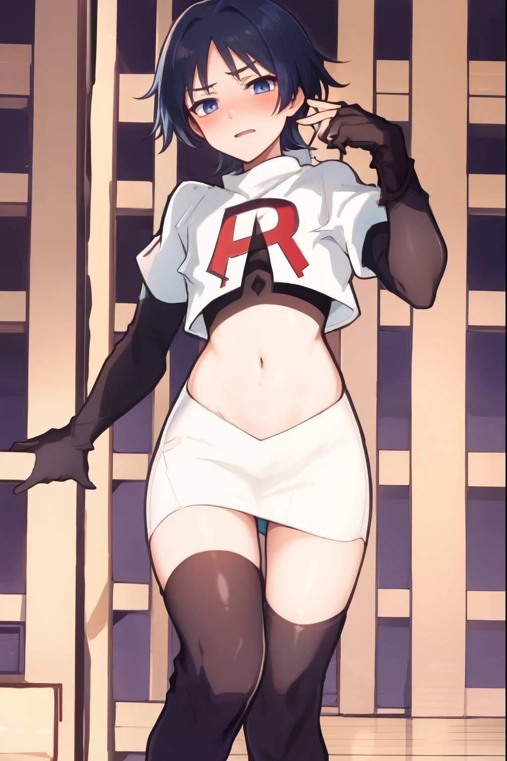 absurdres,masterpiece, trap, best quality, highres, high quality, 1boy, solo, male focus, hair, crossdressing,1boy,team rocket,team rocket uniform,white skirt,red letter R,crop top,black thigh-highs,black elbow gloves, embarrassed, blush