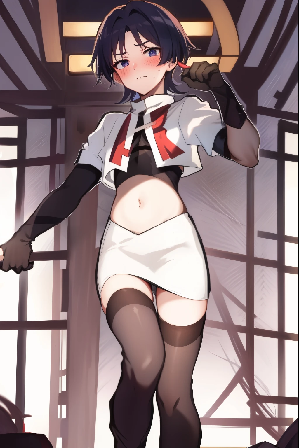 absurdres,masterpiece, trap, best quality, highres, high quality, 1boy, solo, male focus, hair, crossdressing,1boy,team rocket,team rocket uniform,white skirt,red letter R,crop top,black thigh-highs,black elbow gloves, embarrassed, blush