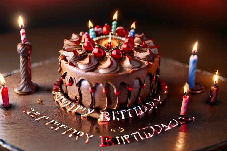 (masterpiece, best quality:1.2), ultra-detailed, Brown and red bird, (realistic:1.5), ((Add words ((Happy Birthday letters)) on a sign)) , Birthday celebration New Years background, on carved intricately ornate Druid altarpiece in mysterious deep forest background, twisted candles on the sides, perfect reflection, soft candle lighting, fantasy style highly detailed, unreal engine