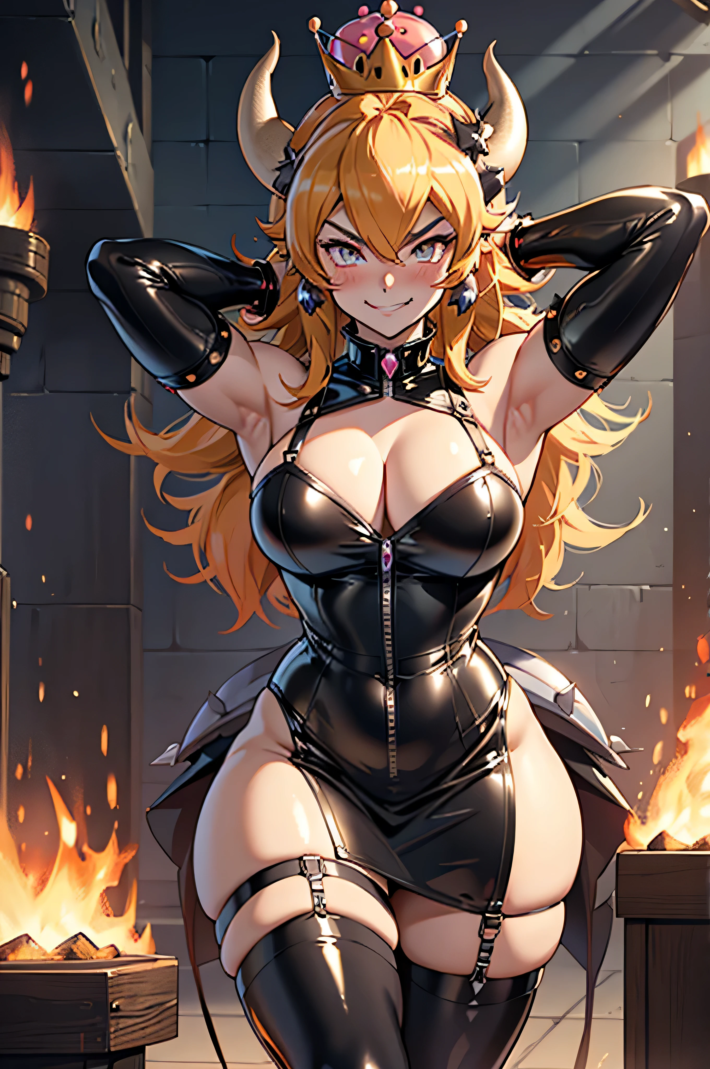 anime, ((masterpiece)), ((best quality)), ((game)), girl, ((Bowsette character)), ((beautiful body)), latex dress, long latex stockings, long latex gloves, pale skin, ((eyes)), eyebrow, ((ear)), happy, evil smile, hair, ((hair highlights effect)), (arms), thin waist, ((thick legig thigh)), latex outfit, latex gloves, standing, dark castle environment, red environment with fire, hair swayinountain, pov, ((viewer view)), ((want to hug)), ((blush)), lascivious,