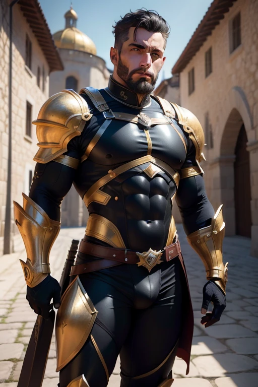 Ultra realista , alta resolução , ultra 8K , Homem com barba cheia , 40 anos , athletic body with black armor and gold color , vestimentas de Rei, um cavaleiro Rei, Ultra resolution , Castle Courtyard, big bulge