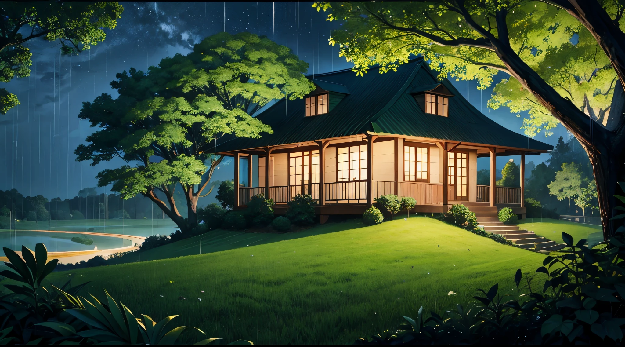 green landscape night time house on top of hill rain trees srround the area