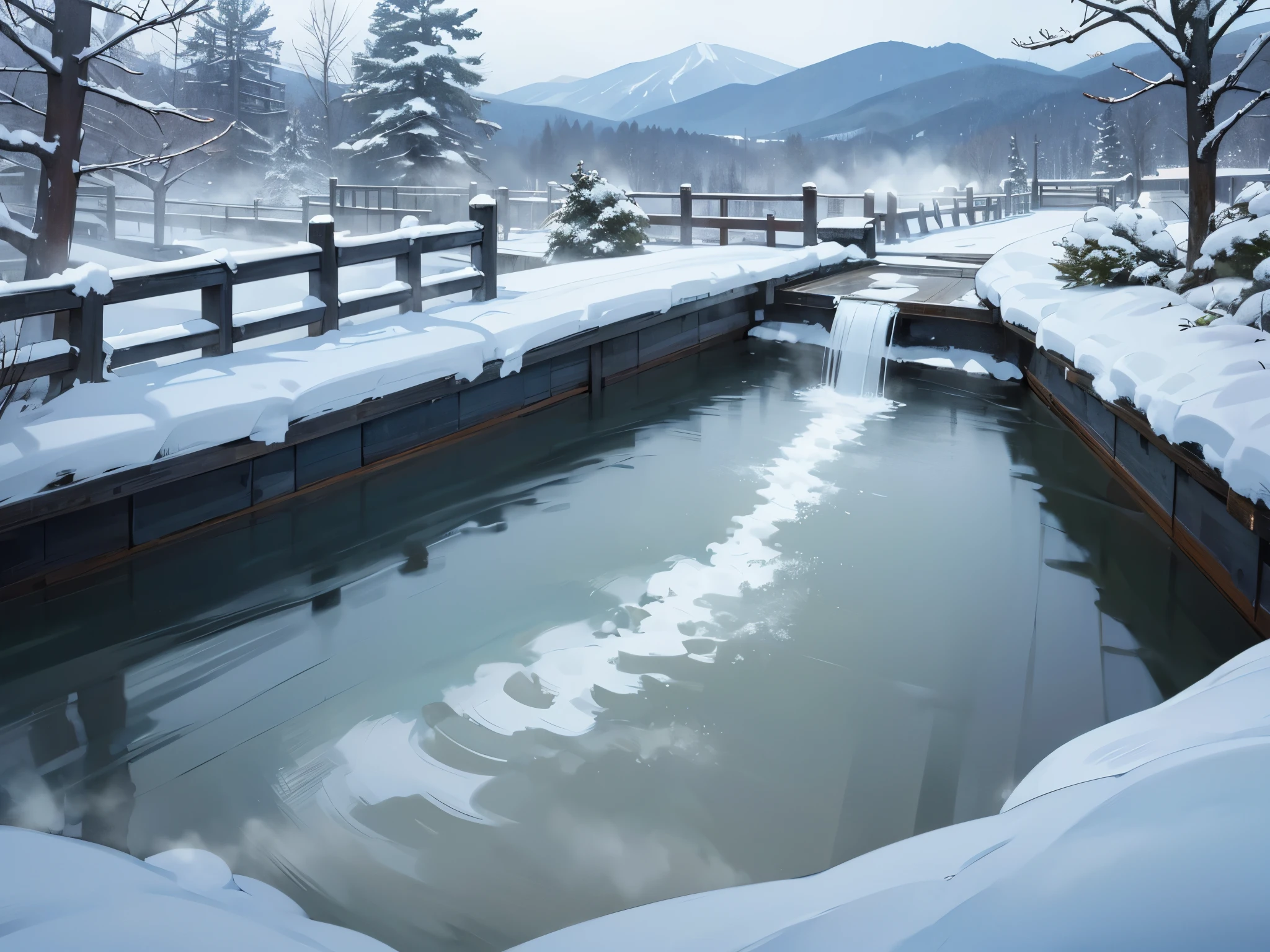 Beautiful landscape photos of japan, high res, nature, ultrasharp and 8K qualities. There will be no people. Showcase the winter wonderland of Hokkaido, featuring hot springs surrounded by snow-covered landscapes. Include steam rising from the onsen amidst a snowy forest.