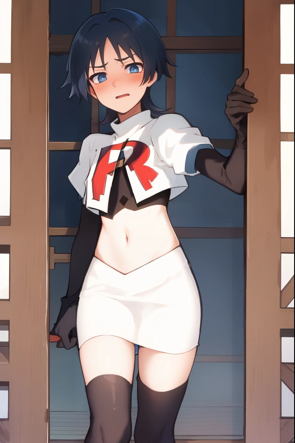 absurdres,masterpiece, trap, best quality, highres, high quality, 1boy, solo, male focus, hair, crossdressing,1boy,team rocket,team rocket uniform,white skirt,red letter R,crop top,black thigh-highs,black elbow gloves, embarrassed, blush